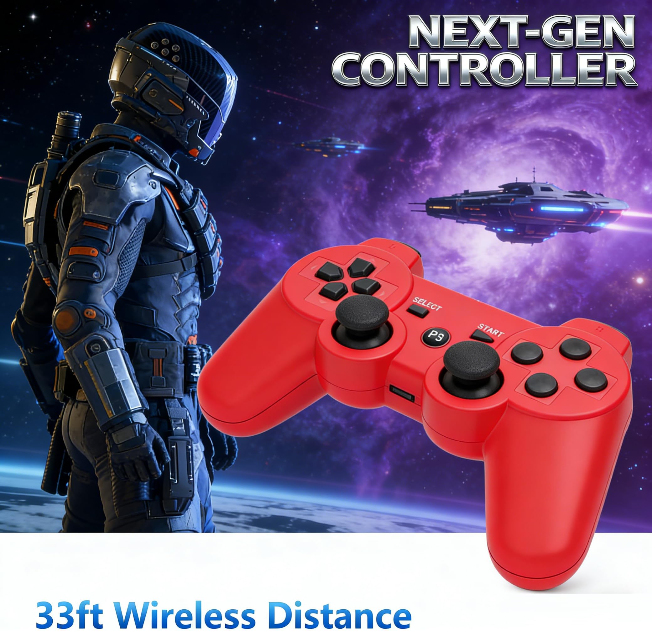 ＲＵＥＩＵＲＩ PS-3 Controller 2 Pack [2025 NEWEST] PS-3 Wireless Controller Playstation 3 Controller Wireless Bluetooth Gamepad with USB Charger Cable for PS-3 Console (Red+Green)