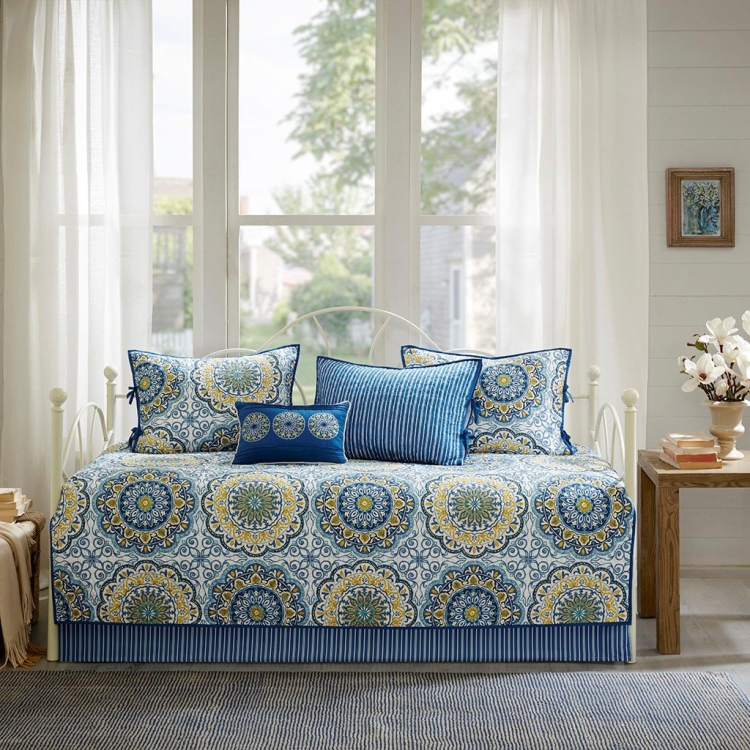 6 Piece Reversible Daybed Cover Set Blue Cotton Quilted Medallion Print Cozy Retreat