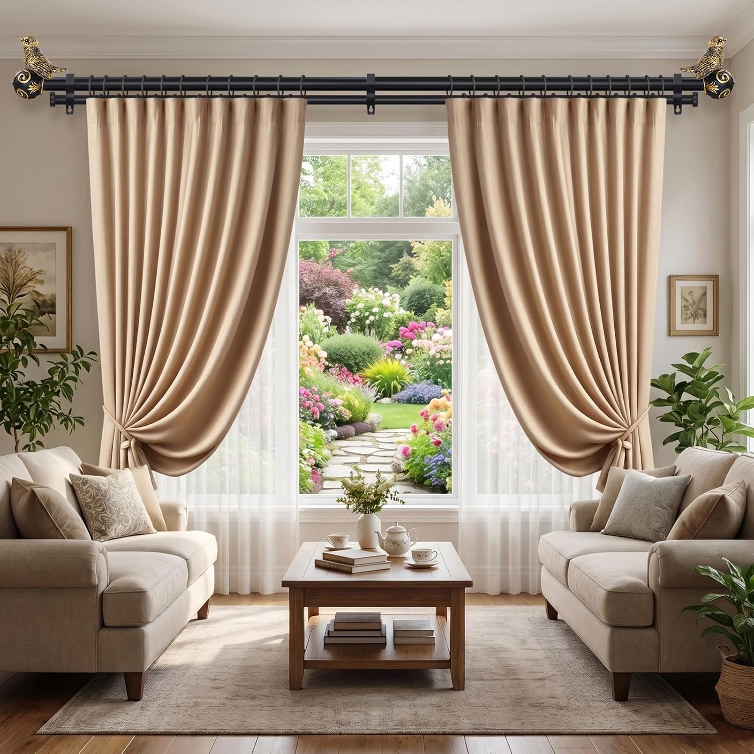 Double Curtain Rods for Windows 28-48 Inch, Gold Bird Finials