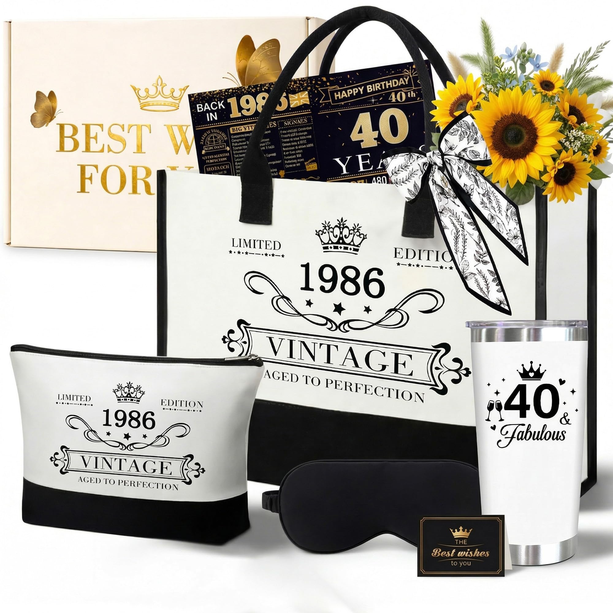 YOZAIUUI Funny 40th Birthday Gifts for Women: 1986 Unique 40th Birthday Gifts Set with Tote Bag Cosmetic Bag 20oz Tumbler Greeting Card Poster Eye Mask Silk Scarf for Mom Sister Friend