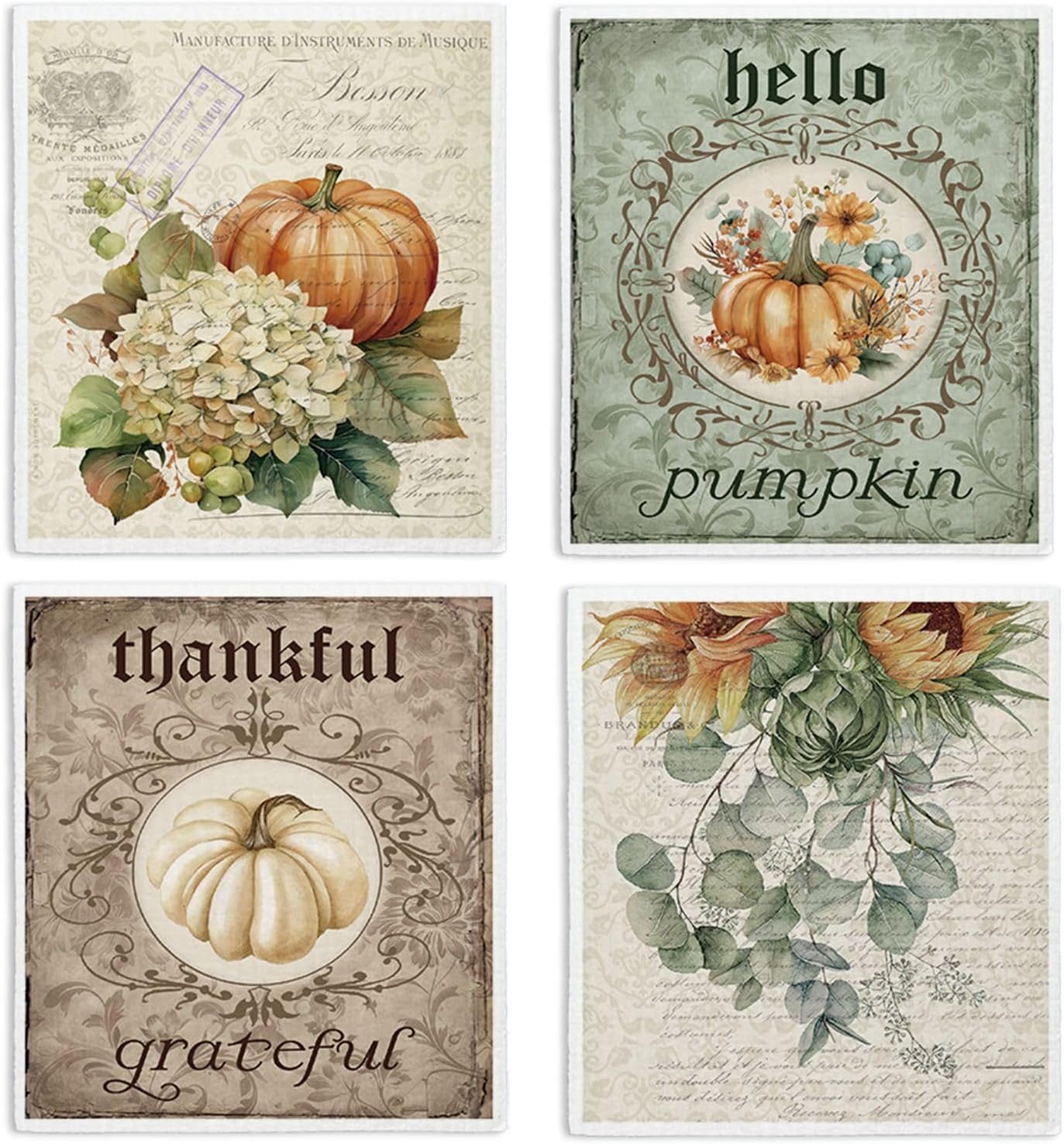 Vintage Fall Pumpkin Swedish Dishcloths for Kitchen Towels, Vintage Autumn Pumpkin Thanksgiving Farm House Gifts 4 Pack Dish Cloths for kitchen, Papaya Reusable Cleaning Paper Towels Washable
