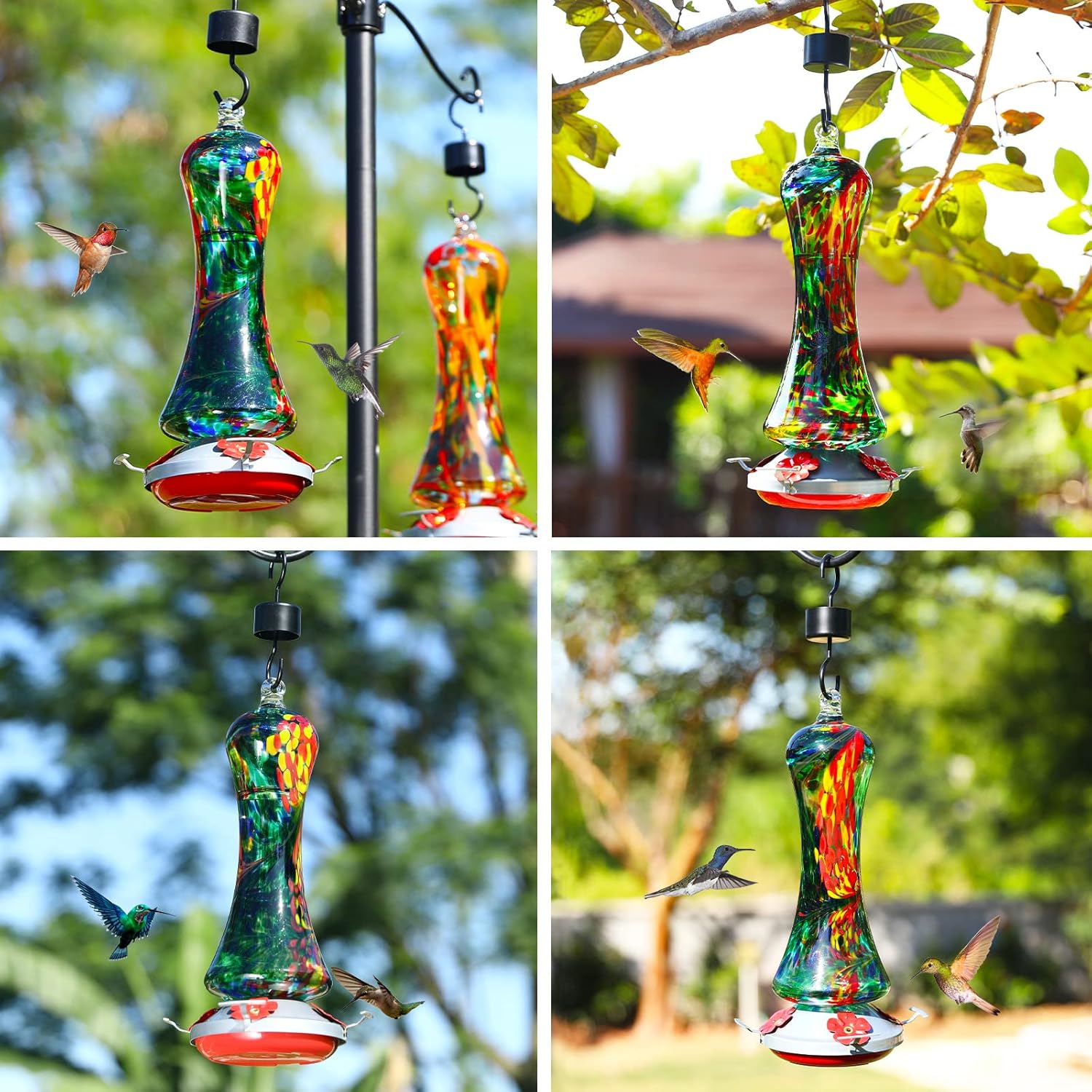 Glass Hummingbird Feeder for Outdoors: Window Hanging Hummingbirds Gifts for Women - Ant Moat Included, Metal Base with 4 Feeding Ports & Perch, Leak Proof, 38 fl.oz, Best Garden Decor