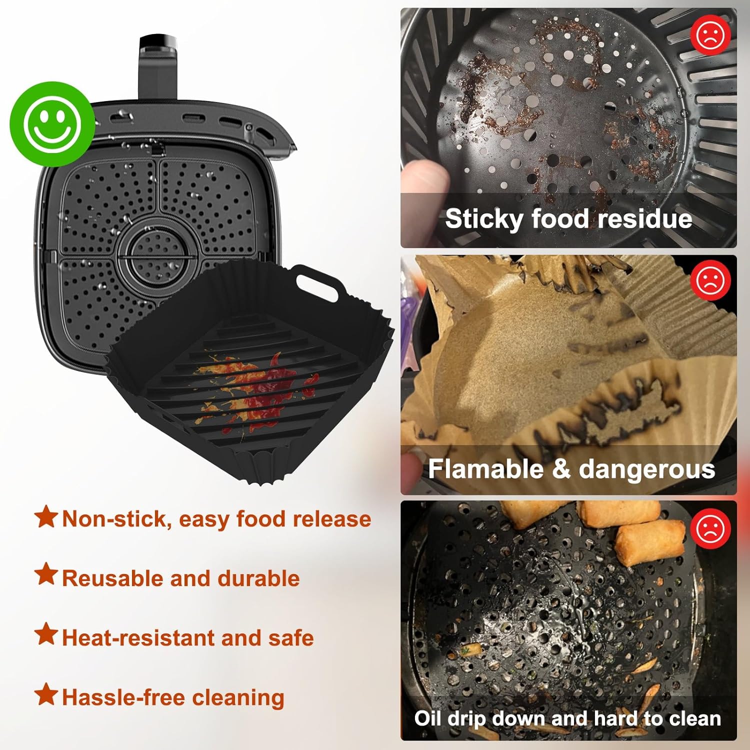 Non‑Stick & Dishwasher Safe: Food releases effortlessly from the smooth silicone surface. When you’re done, simply place the liners in the dishwasher (top rack) or hand wash with soap and water. No more scrubbing your air fryer basket.