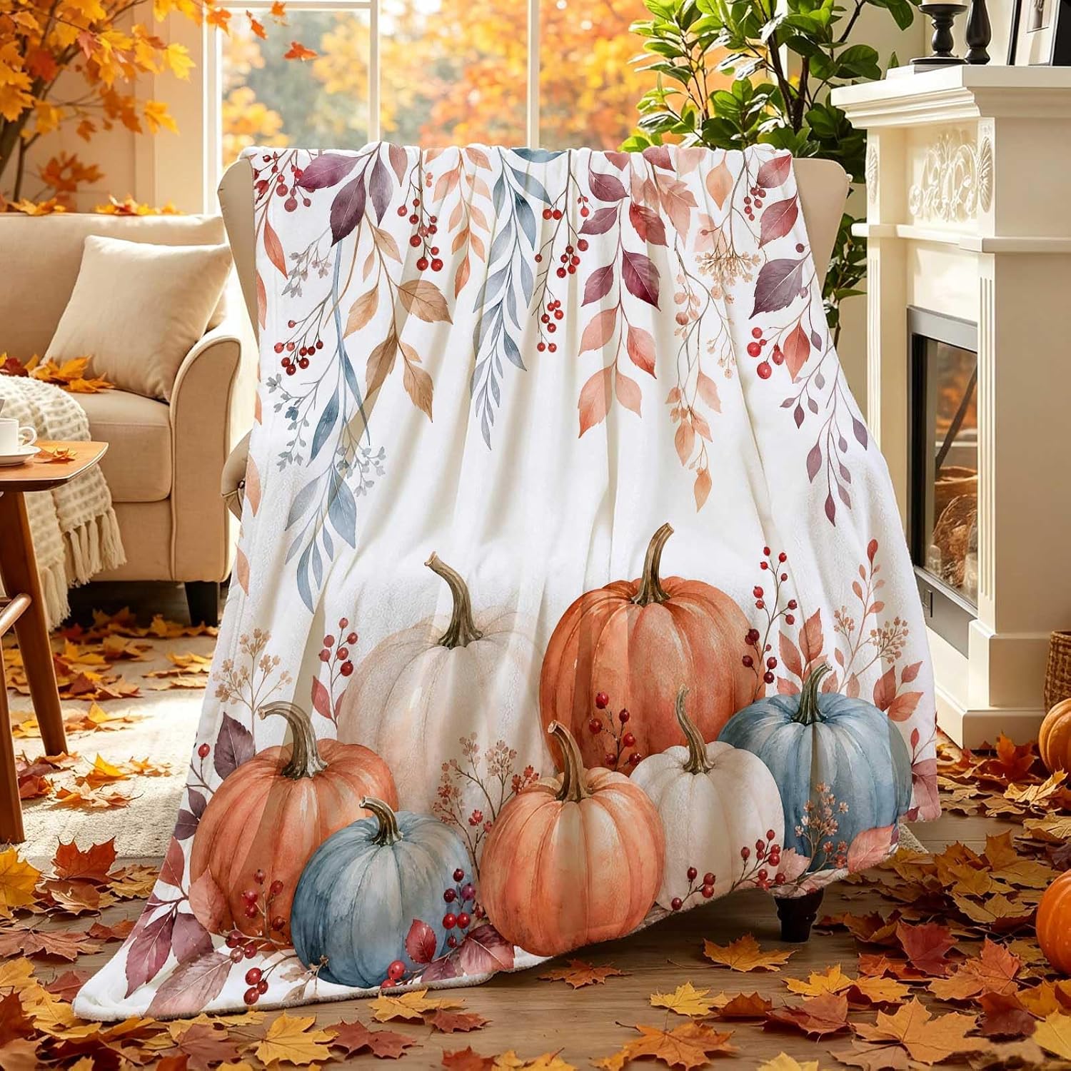Fall Throw Blanket Soft Cozy Autumn Leaves Pumpkin Blankets and Throws for Couch Bed Chair Dorm Thanksgiving Home Decorations 50x60 Inch