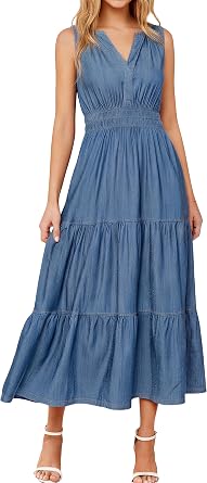 BerryGo Womens Denim Dress Sleeveless Jean Maxi Dress Empire Waist Flowy A Line Cowgirl Country Soft Chambray with Pockets