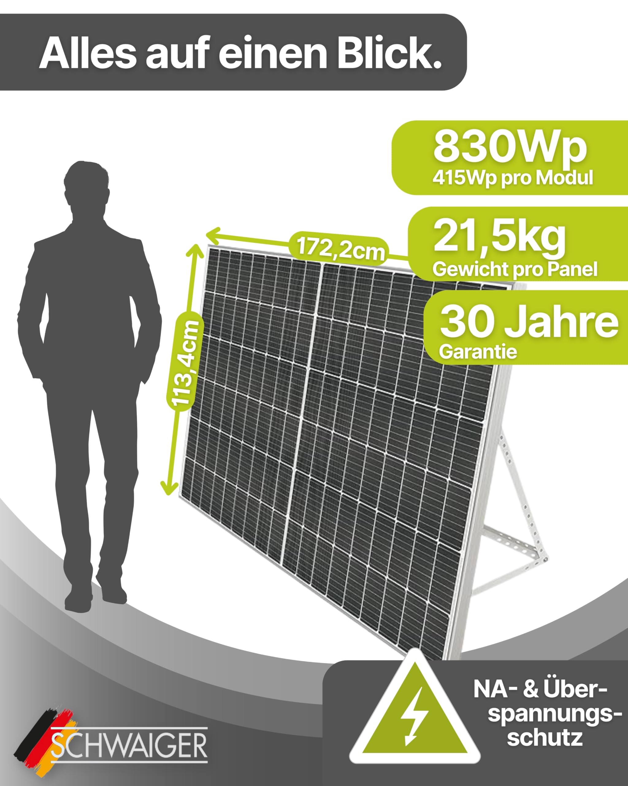 SCHWAIGER Balkonkraftwerk Komplettset 830 Wp I 2× 415 Wp Solarpanels inkl. Ständerwerk, 800W WiFi Wechselrichter, 5m Anschlusskabel I Plug & Play Solaranlage Photovoltaik für Balkon & Garten