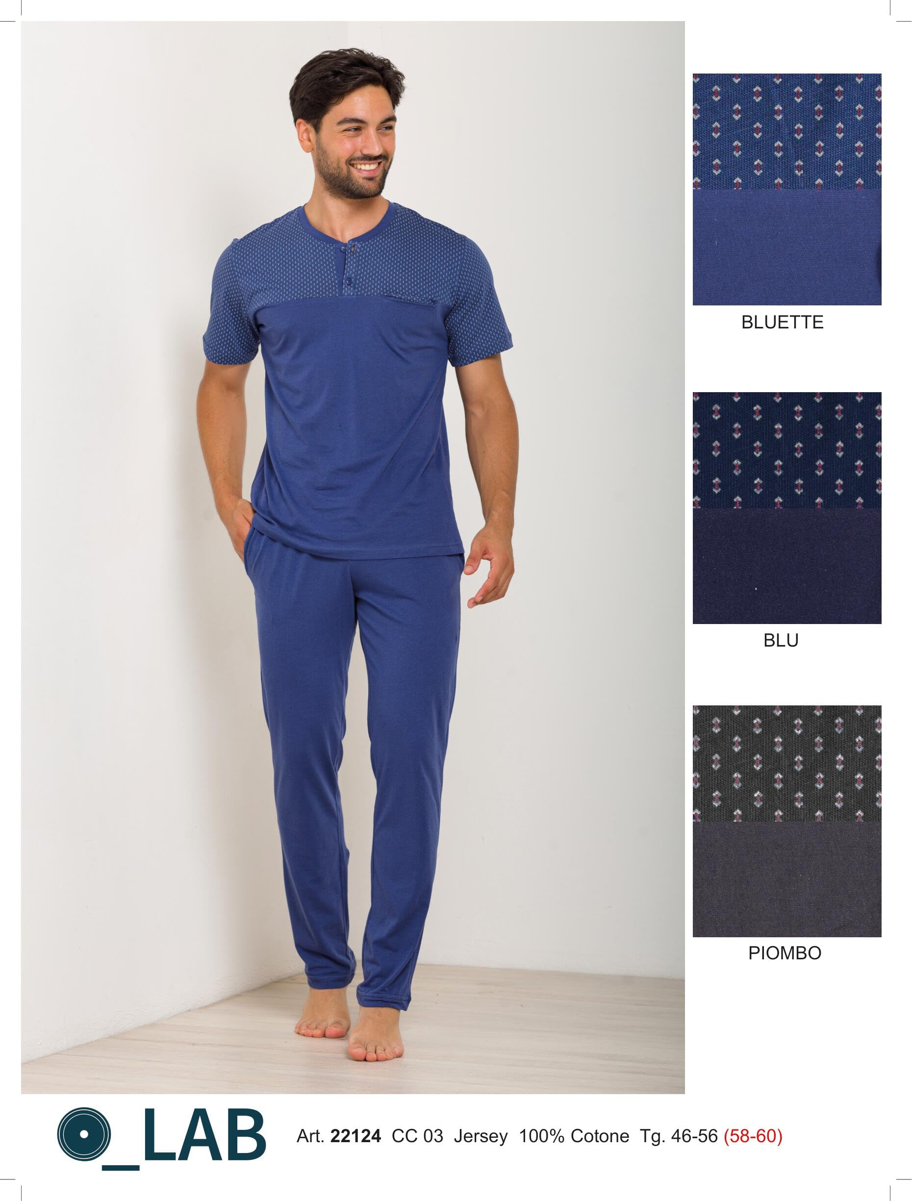 Leo Corsetteria Pigiama Uomo Classico Cotone Jersey Serafino Tasca Mezza Manica Marca Ohana Blu
