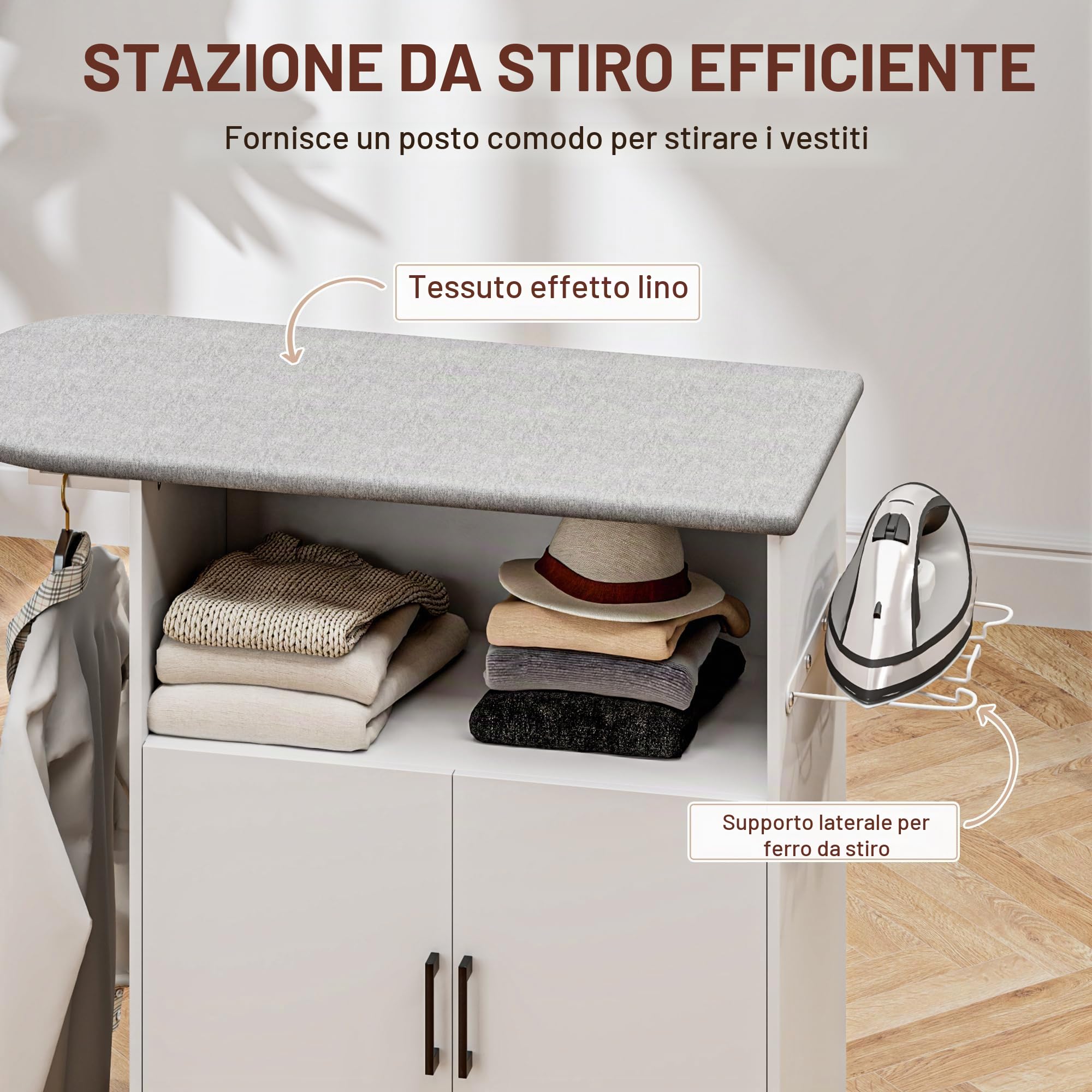 HOMCOM Armadio da stiro su ruote Asse da stiro con barra appendiabiti Scaffale aperto e asse da stiro 125x43,5x102,5 cm Bianco