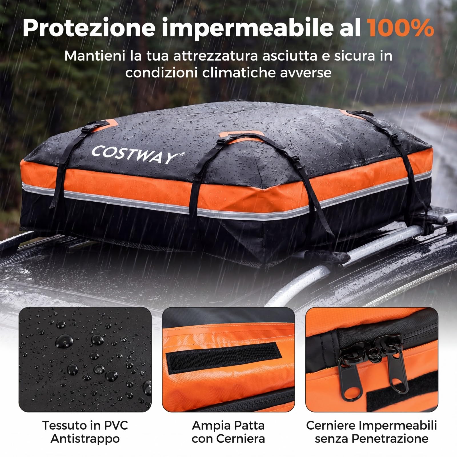 COSTWAY Borsa da Tetto per Auto, Box Portapacchi con Impermeabile e Alta Adattabilità, Baule con Tappetino Antiscivolo, Striscie Riflettenti, Lucchetto e 8 Corde di Fissaggio (600 L,Arancione)