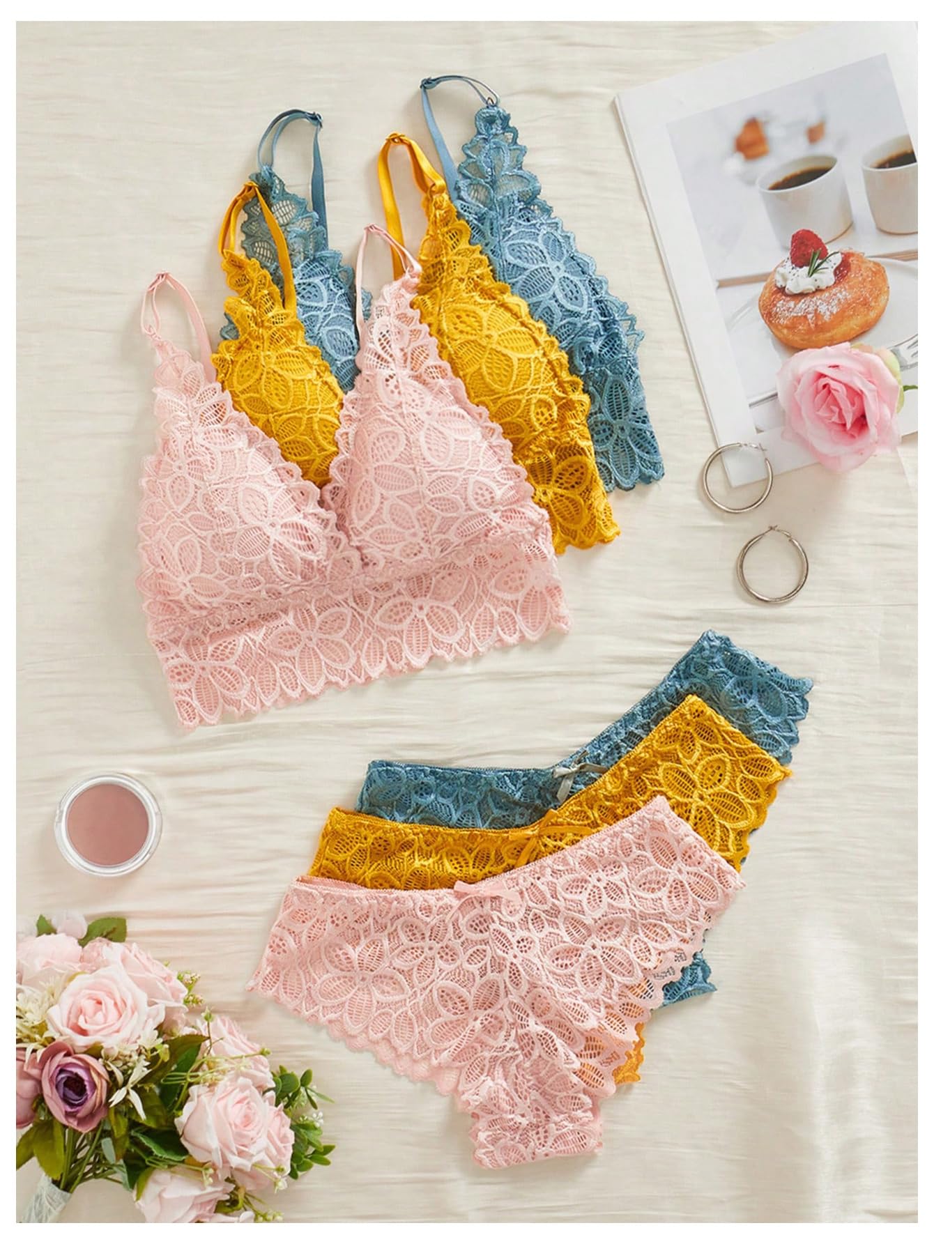 Verdusa Women's Lingerie Sets 6 Piece Lace Bow Floral Underwear Bras Wireless Padded Bra and Panty Set