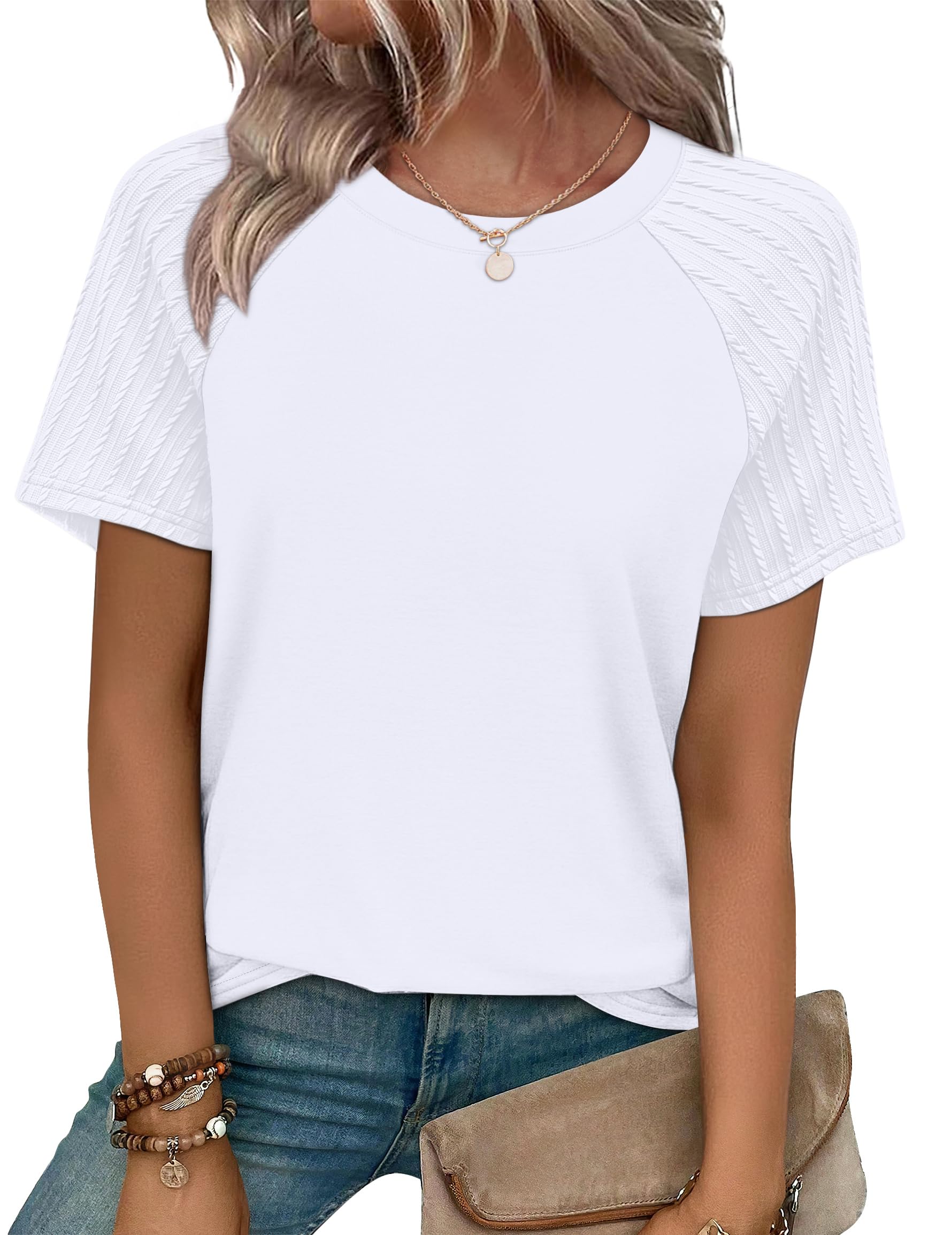WIHOLL Summer Tops for Women 2026 Trendy Short Sleeve Shirts Crew Neck Tops Curved Hem Fashion Clothing