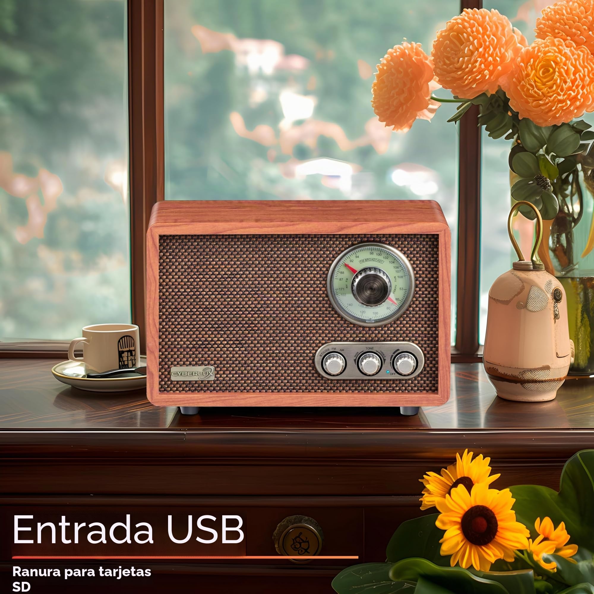 Nostalgie - Radio de madera con Bluetooth, USB, ranura para tarjetas SD, FM/AM, sistema de música retro, sistema estéreo, radio de cocina, radio nostálgica vintage