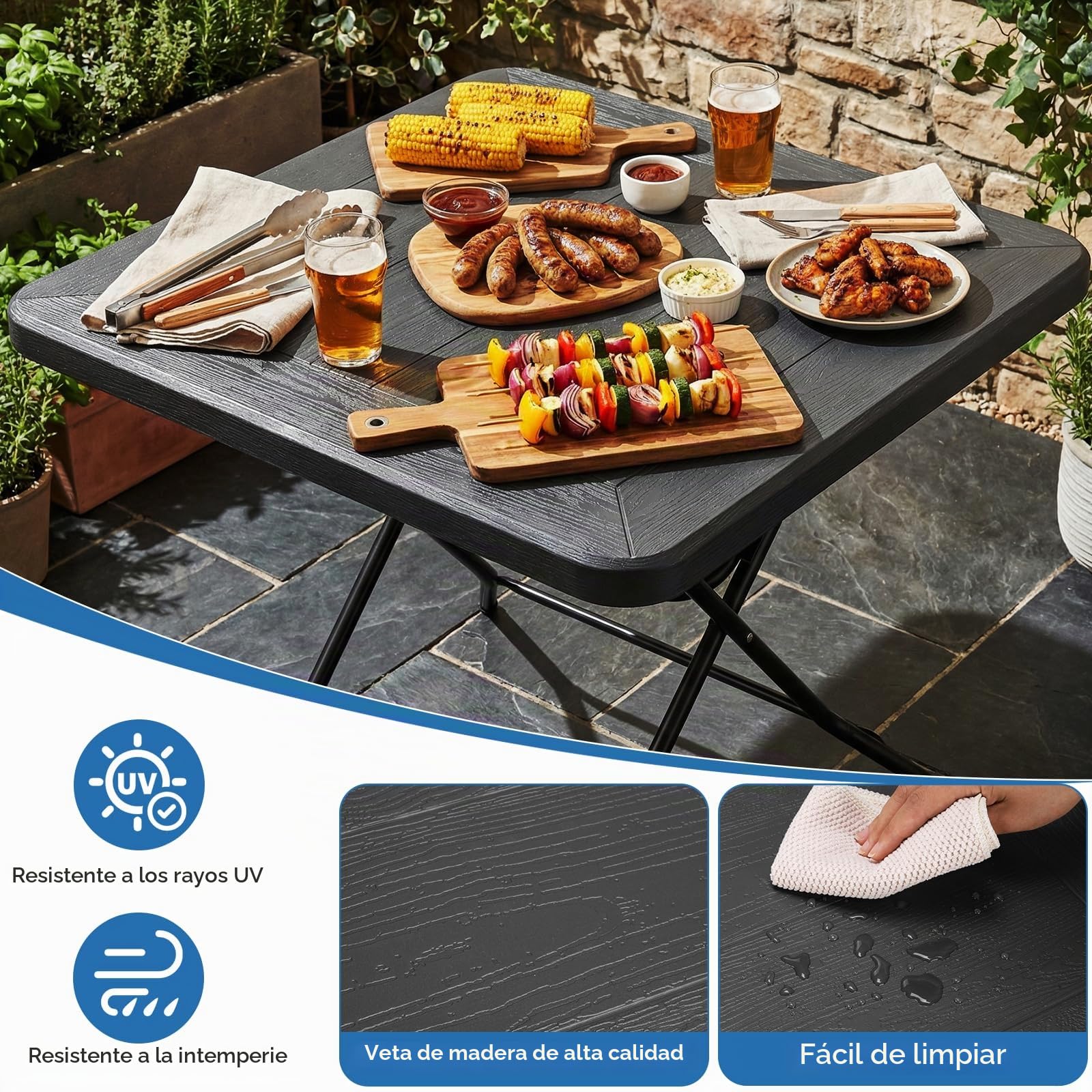 Mesa de Jardín 80 x 80 x 74 cm, Mesa Plegable Portátil, Estructura de Acero y Espesar HDPE, Resistente a la Intemperie, Mesa de Camping, Carga de 50kg, Mesa Exterior e Interior para jardín, Terraza
