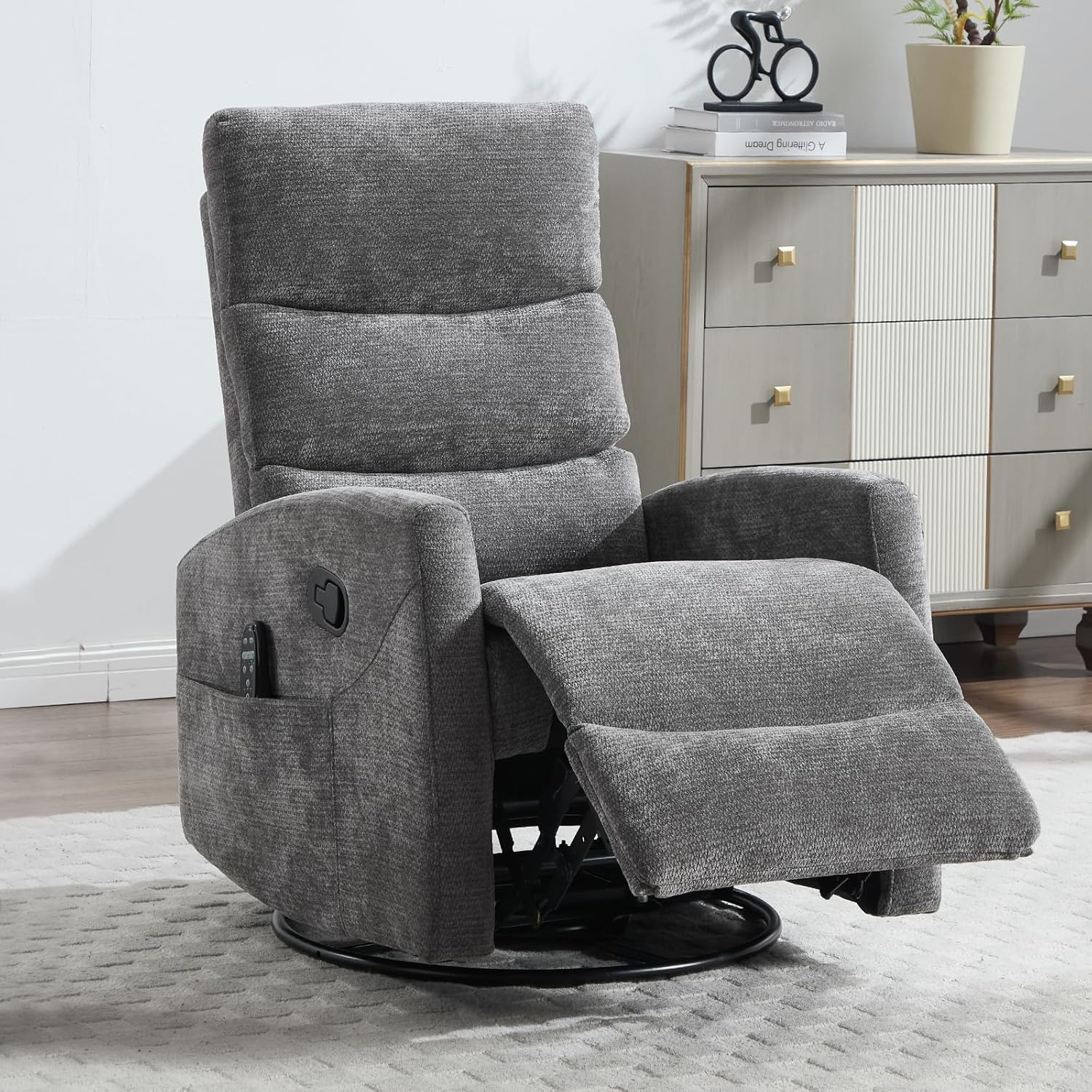 Trustyue Swivel Rocker Recliner Chair, 360° Swivel Recliner with Heat and Massage, Rocker Recliner Nursery Glider Recliner Chair with Side Pockets for Living Room Grey