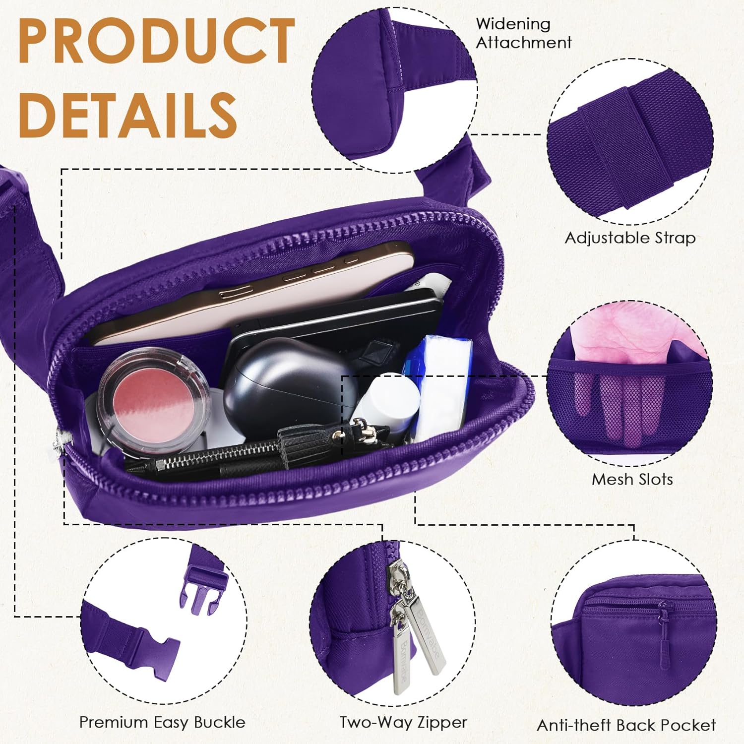 1L Everywhere Belt Bag for Women Teen Girls Boys, Small Fanny Pack with Adjustable Belt 53", Waist Bag with Multiple Pockets, Crossbody Bag for Travel Gym Running Hiking Cycling, Purple - Image 7