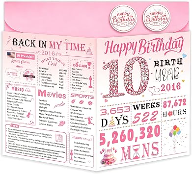 10th Birthday Card for Girls, 10th Birthday Decoration for Daughter, Sweet Funny 10 Year Old Birthday Gifts Idea, Greeting Cards for Her Granddaughter Friends Sister, Jumbo Back In 2016 Pink