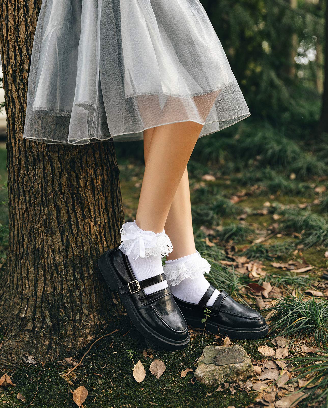 SEMOHOLLI Women Ankle Socks, Lace Ruffle Frilly Comfortable Princess Socks: 5-8 3 Pairs-black