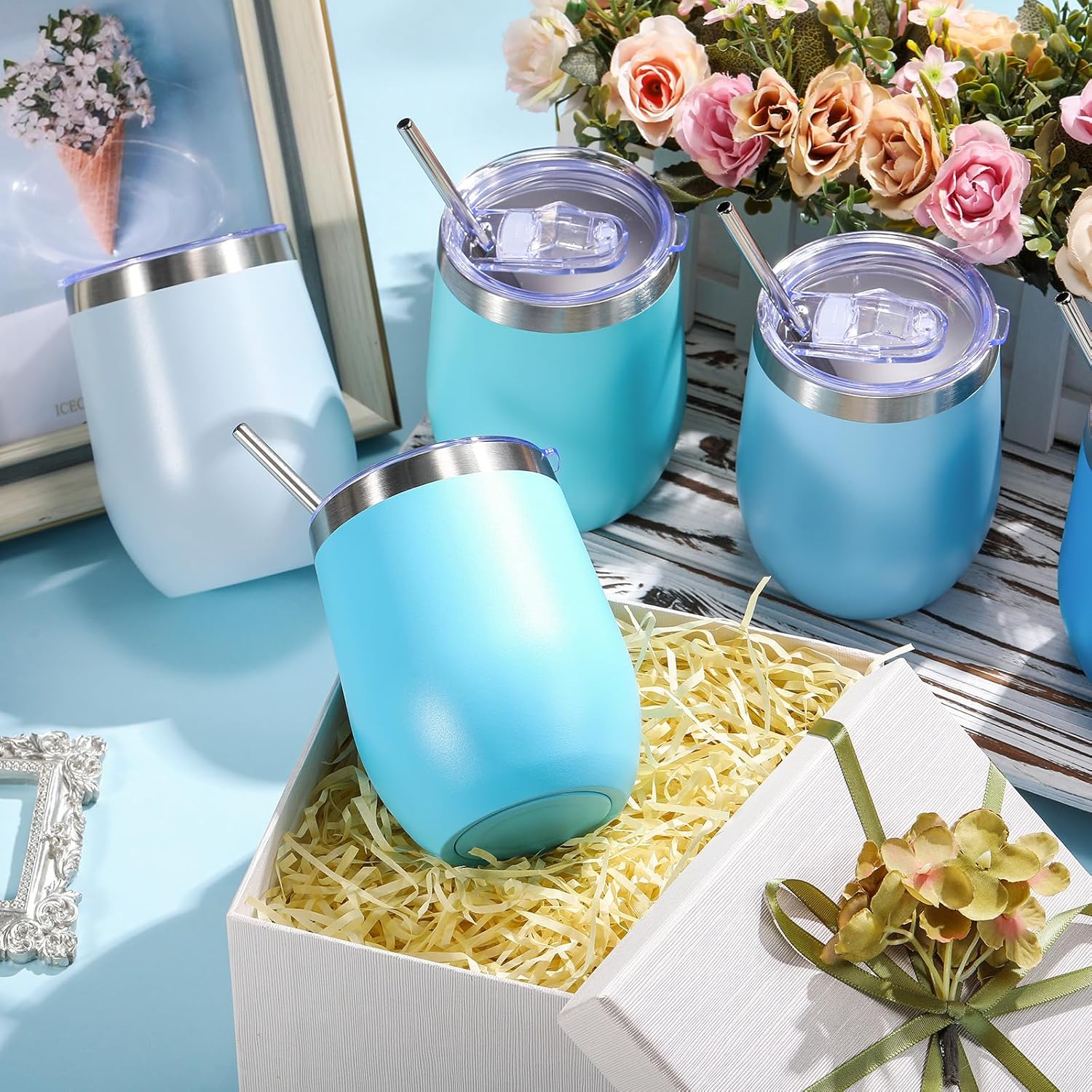 Sieral 40 Pack Insulated Wine Tumbler 12oz Stainless Wine Coffee Cup with Lid Straw Double Wall Vacuum for School Teacher Employee Appreciation Staff Nurse Team Social Work Gift(Blue Color) - Image 6