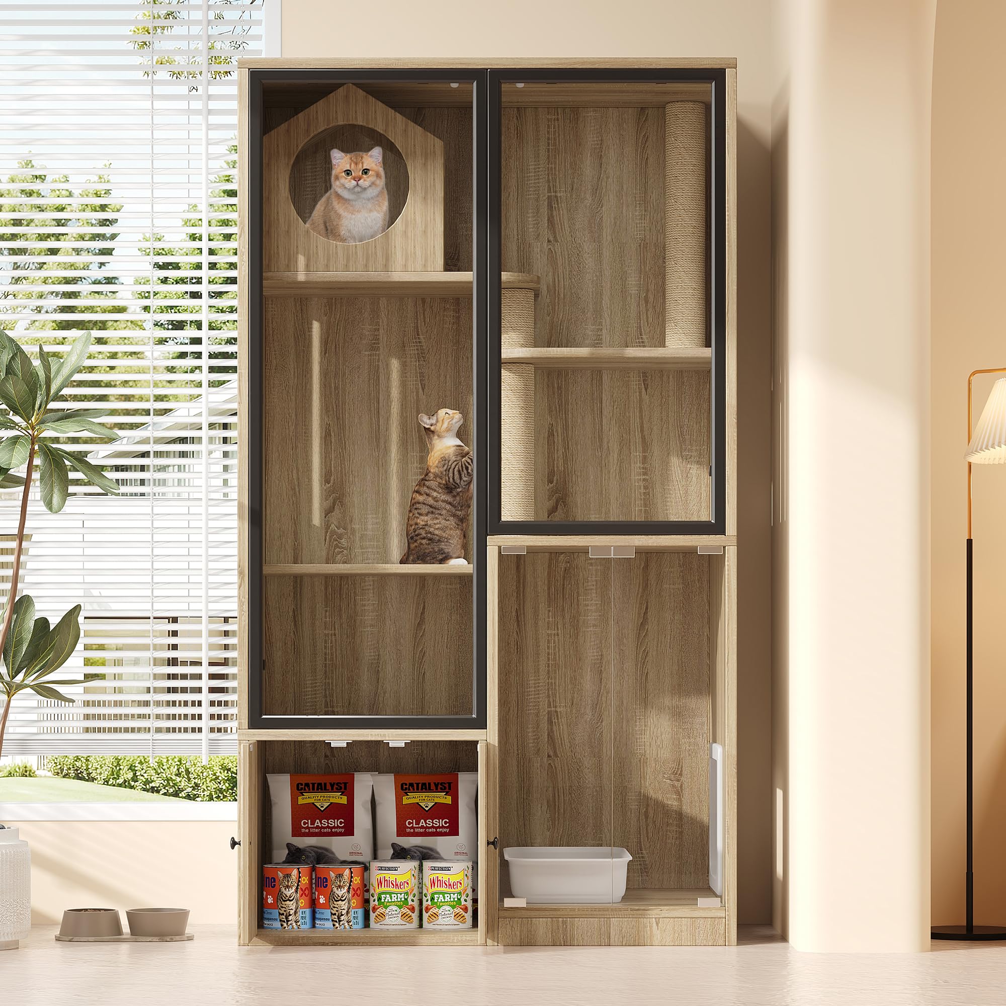 Jaula grande para gatos de 90 x 50 x 160 cm, 4 pisos con frontal de cristal, casa para gatos resistente al invierno y casa para animales pequeños, incluye postes rascadores, para interior y exterior