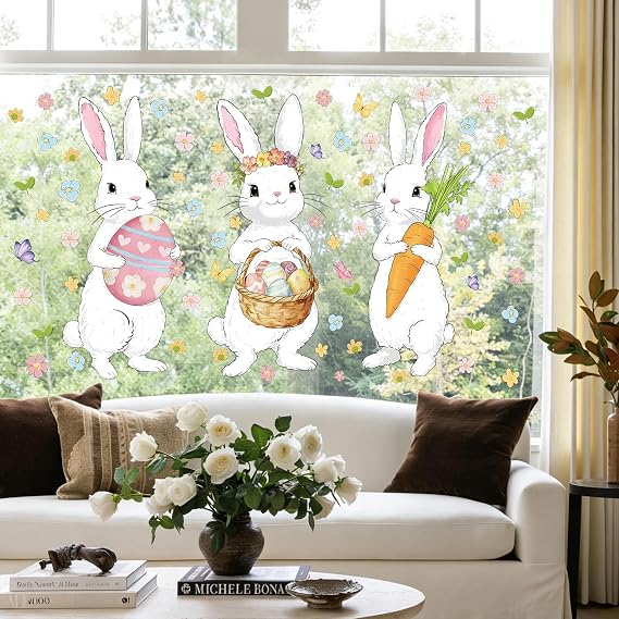 Easter Window Clings Decorations, 3 Large Bunny Window Decals for Easter, Bunny Carrot Eggs Windows Stickers Decor for Glass Home Office Spring Accessories 6 Sheets