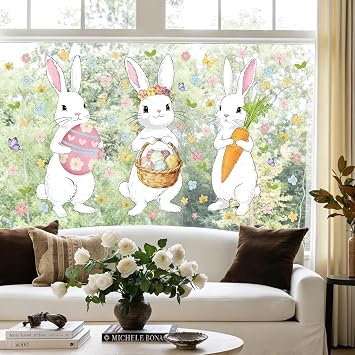 Easter Window Clings Decorations, 3 Large Bunny Window Decals for Easter, Bunny Carrot Eggs Windows Stickers Decor for Glass Home Office Spring Accessories 6 Sheets