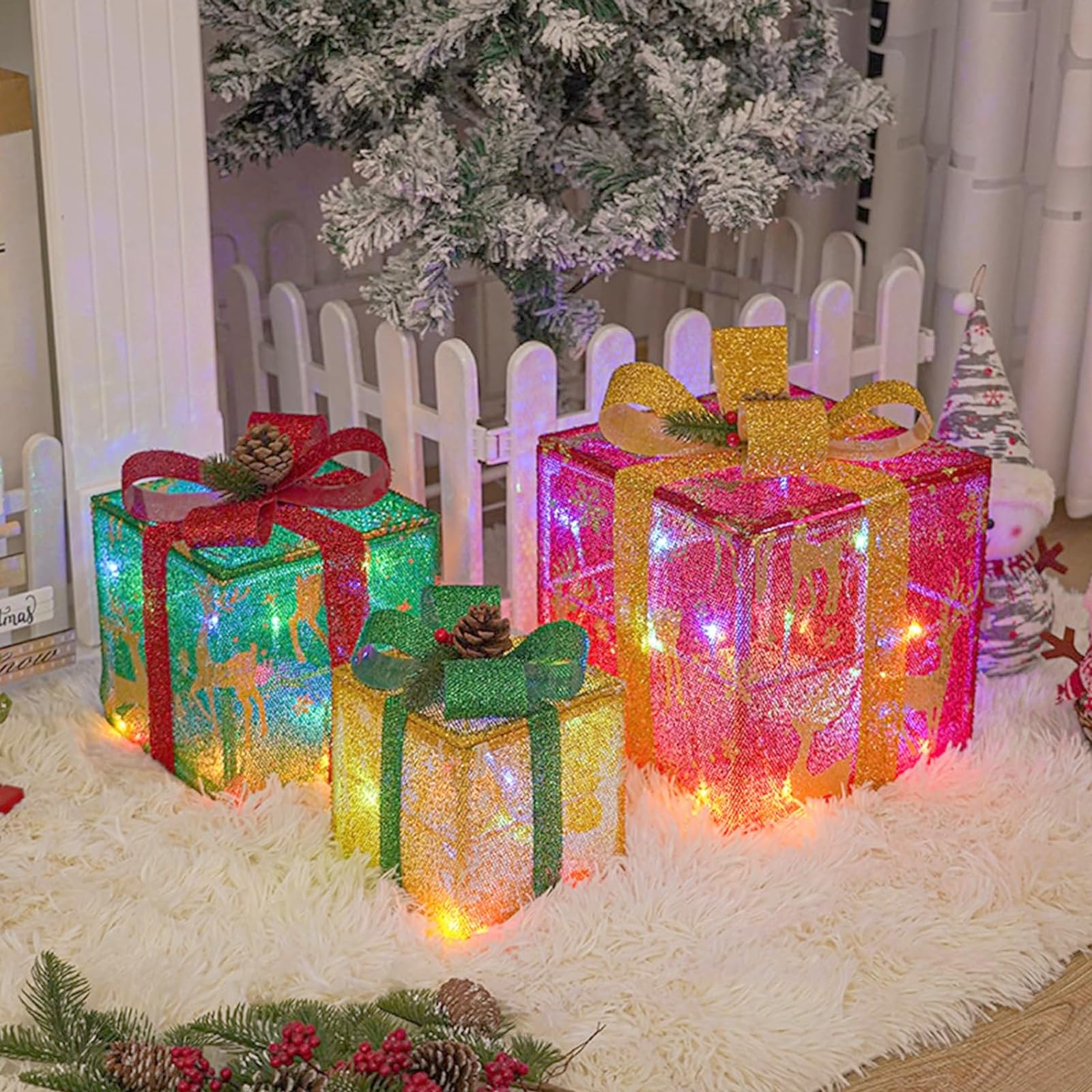 Christmas Lighted Gift Boxes of 3pcs,8 Modes Christmas Box Decorations with Remote Control,Presents Boxes for Christams Tree, Home,Indoor Outdoor Christmas Decor (Colorful)