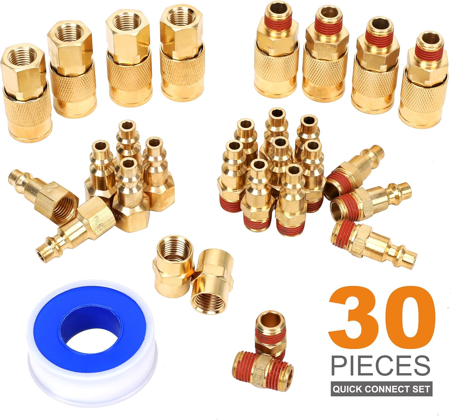 30 Pieces Solid Brass Air Fittings, 1/4" NPT Air Coupler and Plug Kit, Industrial Quick Connector Set, Air Compressor Accessories