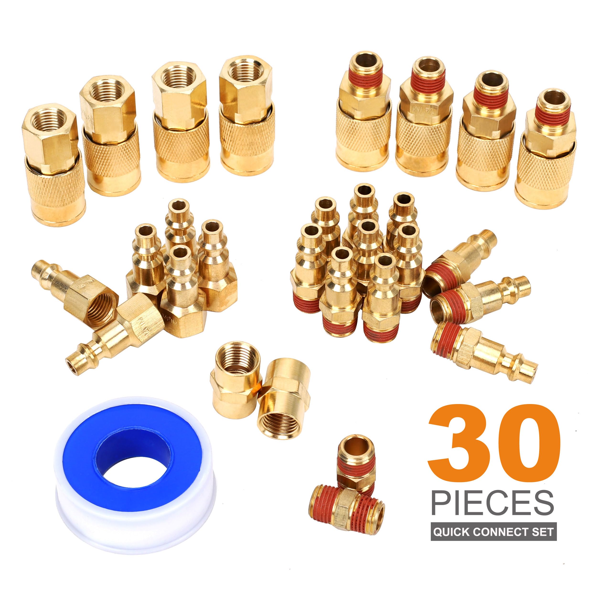 30 piezas de acoplador de aire NPT de 1/4 pulgadas y kit de enchufe, accesorios de aire de conexión rápida, conexión rápida industrial de latón macizo, juego de conectores