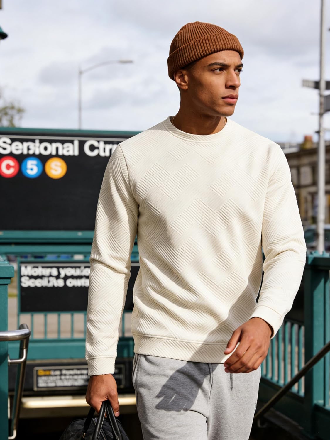 UOUA Men's Crewneck Sweatshirt Jacquard Texture Pullover Casual Long Sleeve Shirt for Fall Winter - Image 2