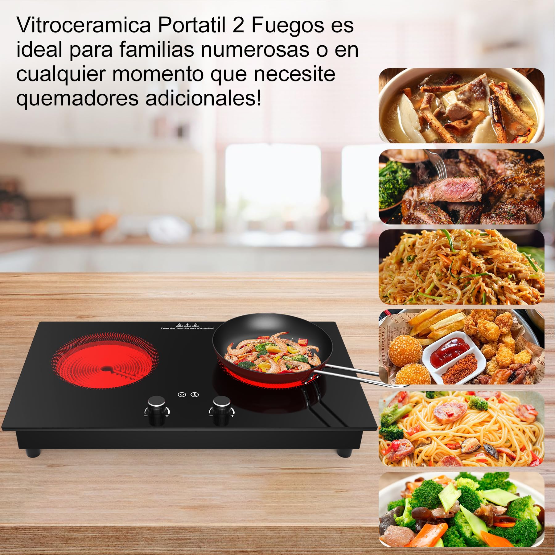VBGKplaca vitroceramica,3600W vitrocerámica 2 fuegos，Placa calefactora de sobremesa y empotrable con bloqueo de seguridad para niños, temporizador, control mediante mando táctil LED.