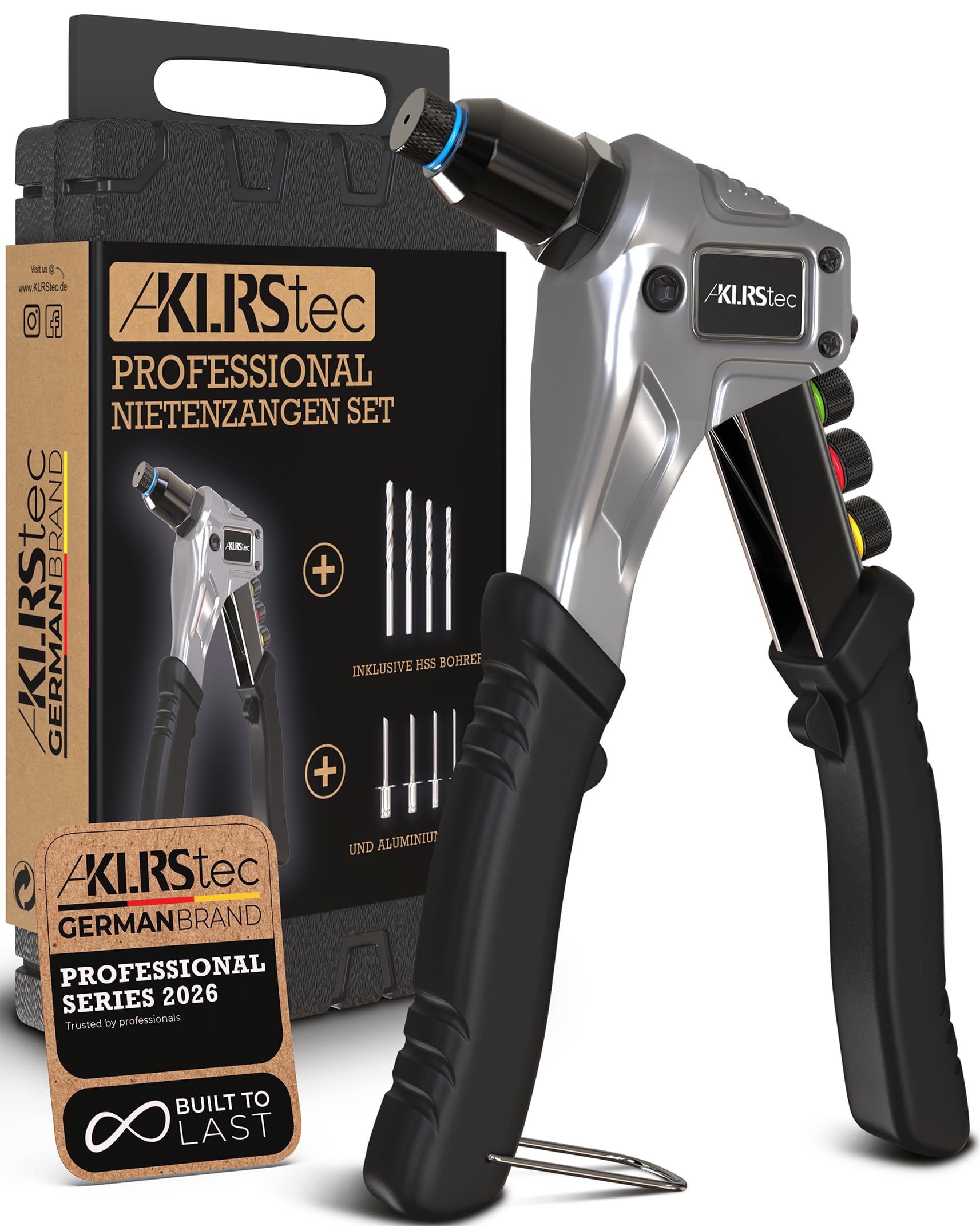 KLRStec® Professional Nietenzangen Set inkl. 120 Nieten und 4 HSS Bohrern – Hochwertige Popnietenzange zum verarbeiten von Blindnieten