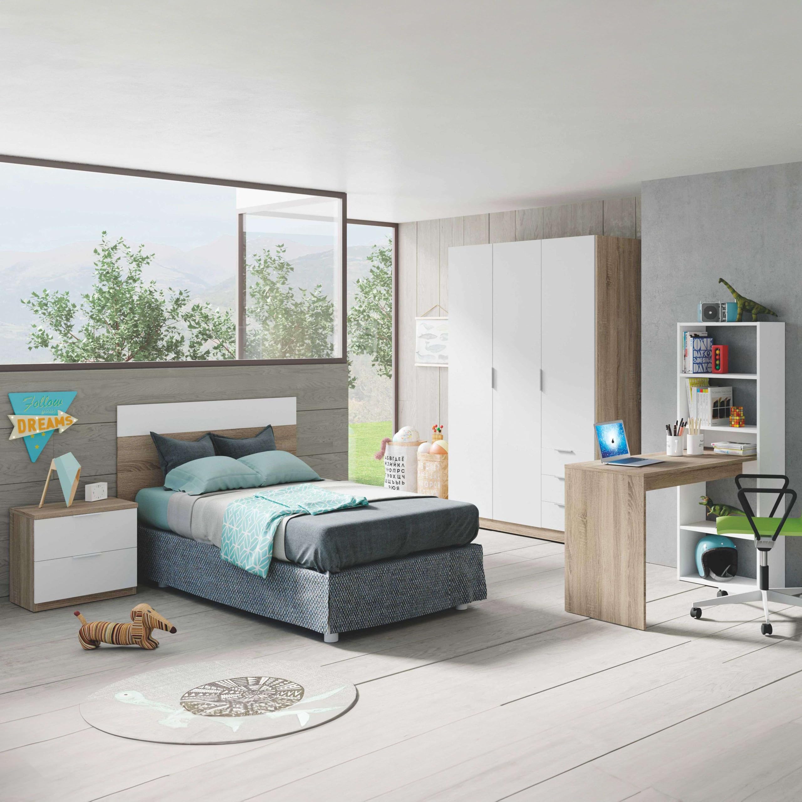 Miroytengo Pack Muebles Dormitorio Juveniles Color Blanco Artik y Roble Canadian (Cabezal+mesita, Mesa+estantería y Armario)
