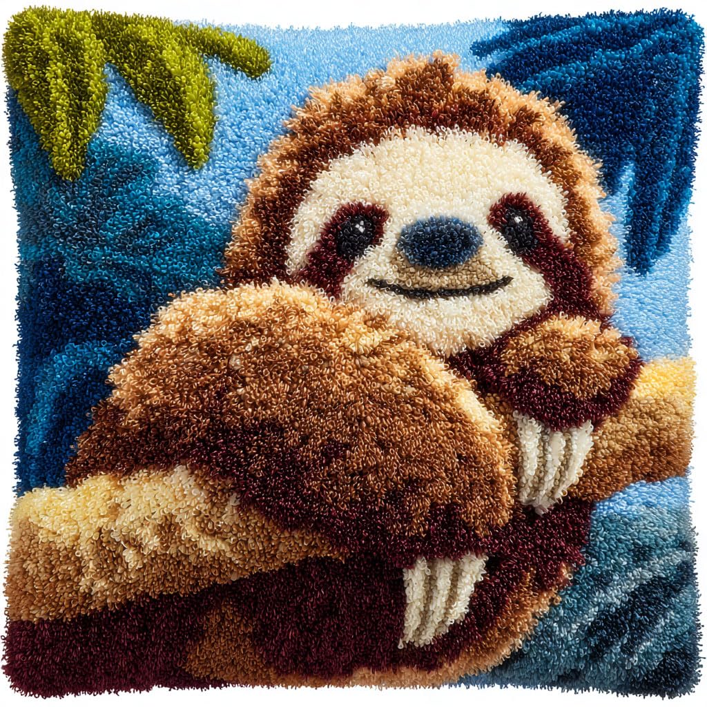 Henypt Latch Hook Kits-E Latch Hook Kits Animal Sloth Pillow Cover Diy Crochet Hook Cushion Rug Making Kits With Printed Pattern Canvas Needlework Hooking Adorment 43X43cm