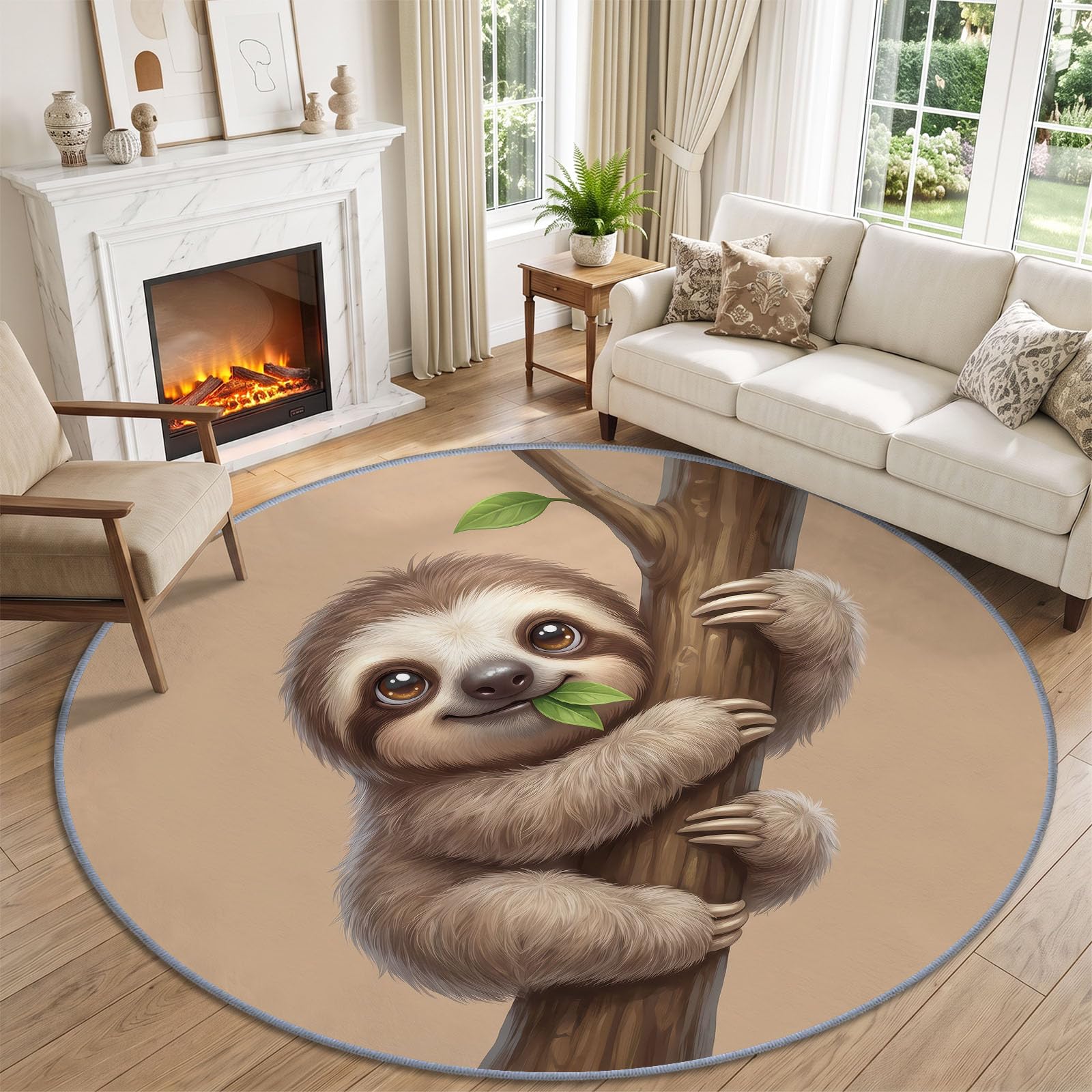 Tiere Faultier Teppich Rund 120 cm Waschbar rutschfest, Beige