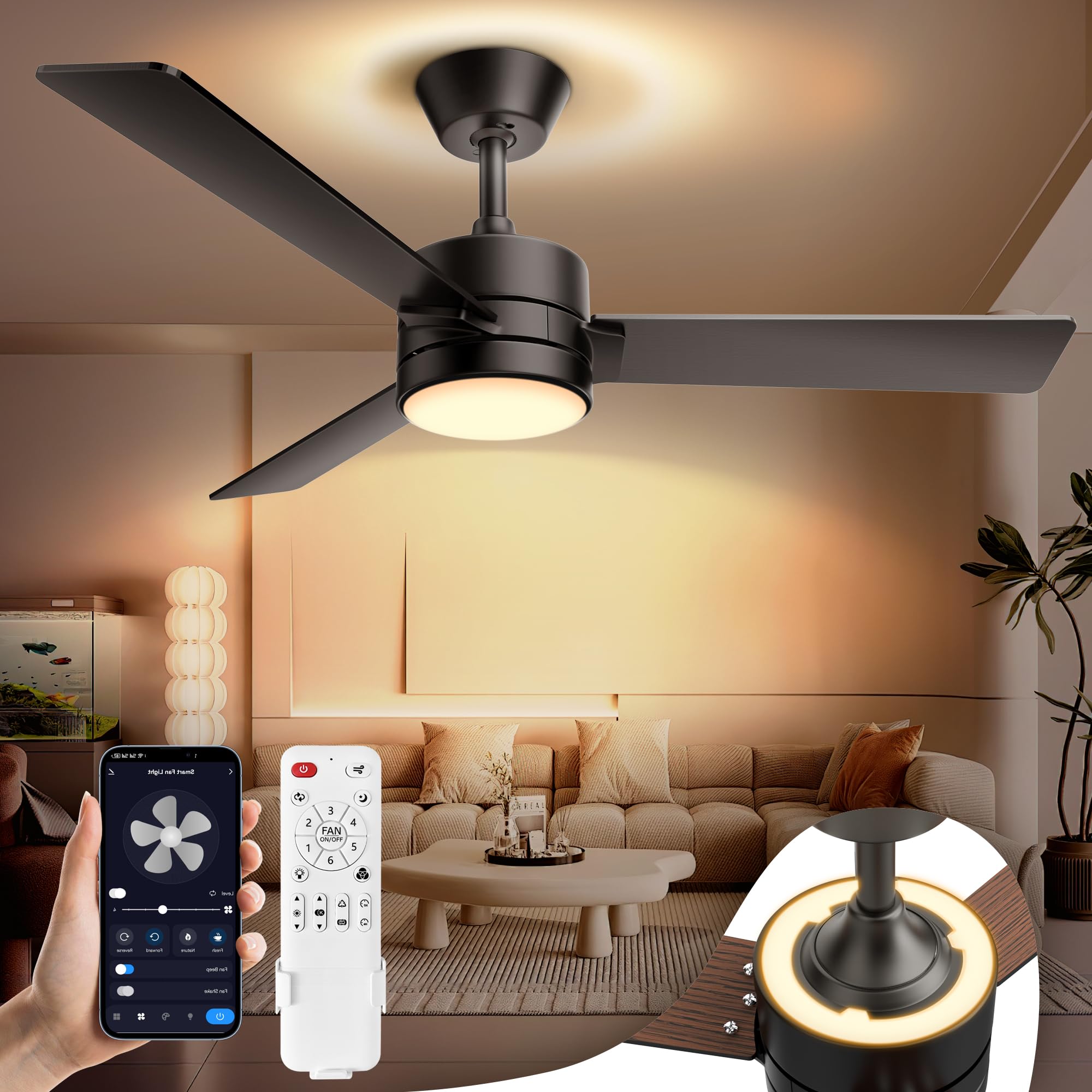 Ceiling Fan Lights with Backlight,Ceiling Fans with Light and Remote,Easy-to-Install,Flush Mount,Reversible, 3CCT/RGB,Dimmable, Ceiling Fans for Bedroom,Indoor/Outdoor Use. (42 inch)
