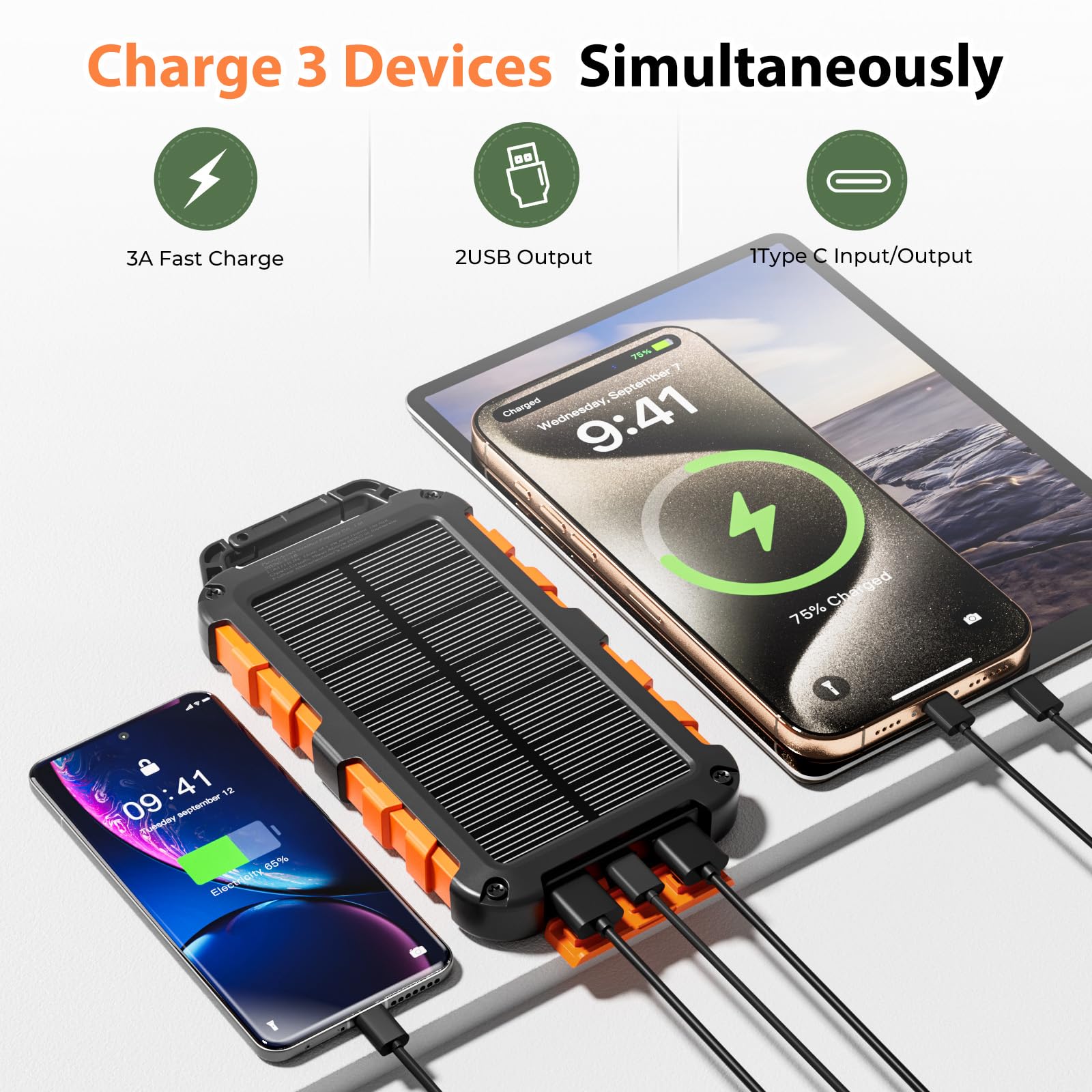Power Bank Solare 10000mAh, PD15W Caricatore Solare Portatile USB C 3,0A Batteria Esterna 2 Uscite e 2 Ingresso con Luci LED Rapida per Smartphone, Tablet, Campeggio Ecc