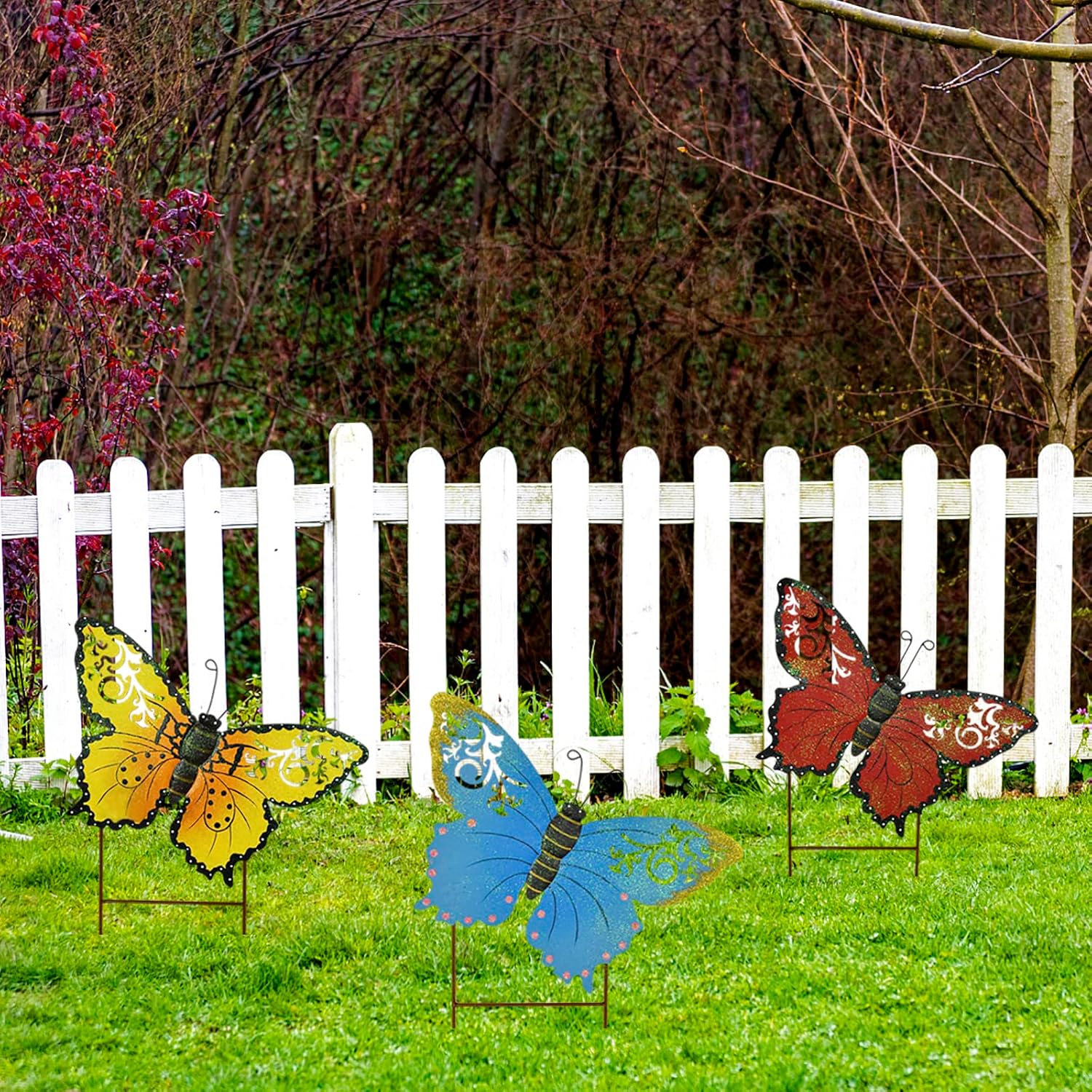 Metal Butterfly Garden Stakes - Spring Decorative Yard Signs - Indoor Outdoor Plant Flower Stake Lawn Ornaments Butterfly Decoration (Blue + Red)