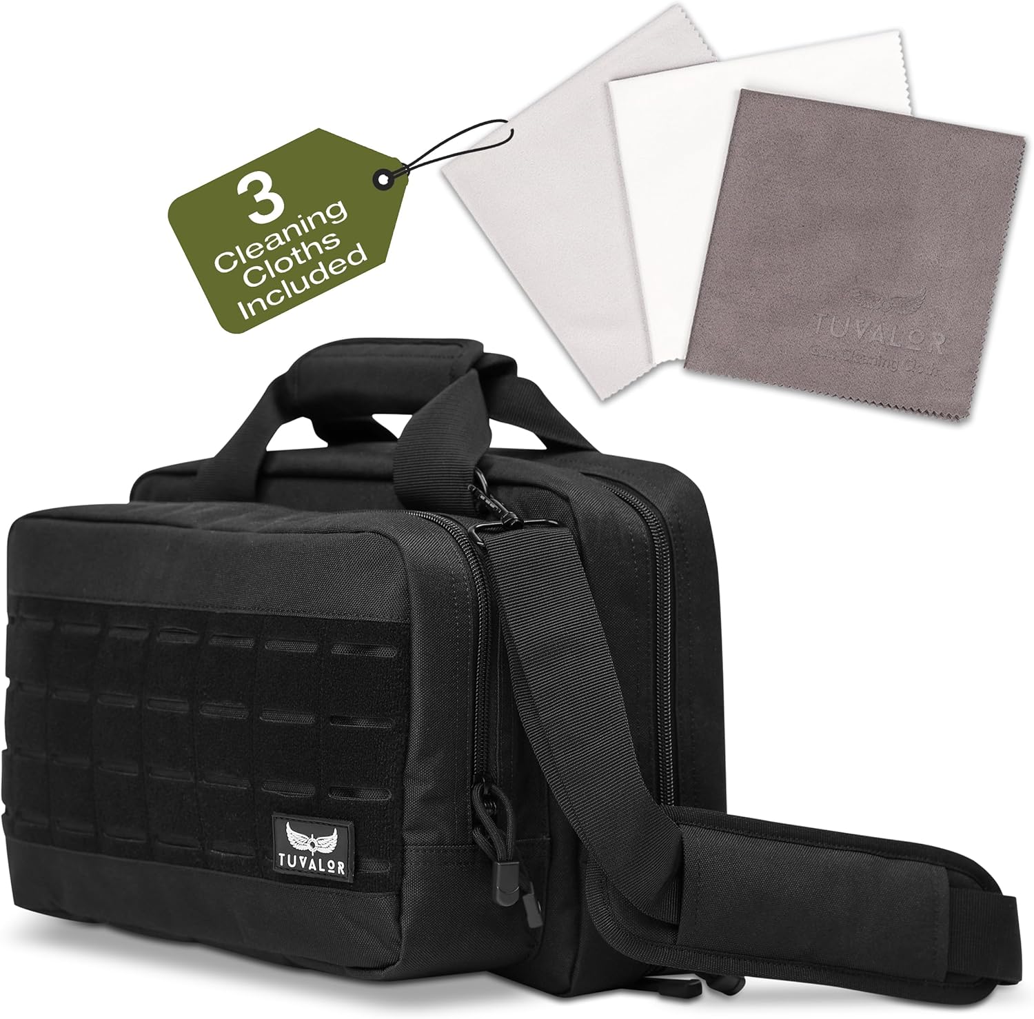Gun Range Bag for 2 Pistols & Ammo - Spacious Design, with Two Handgun Pockets, Six Magazine Holders, Large Front Pocket and Padded Strap - Gun Bag with 3 Gun Cleaning Towels