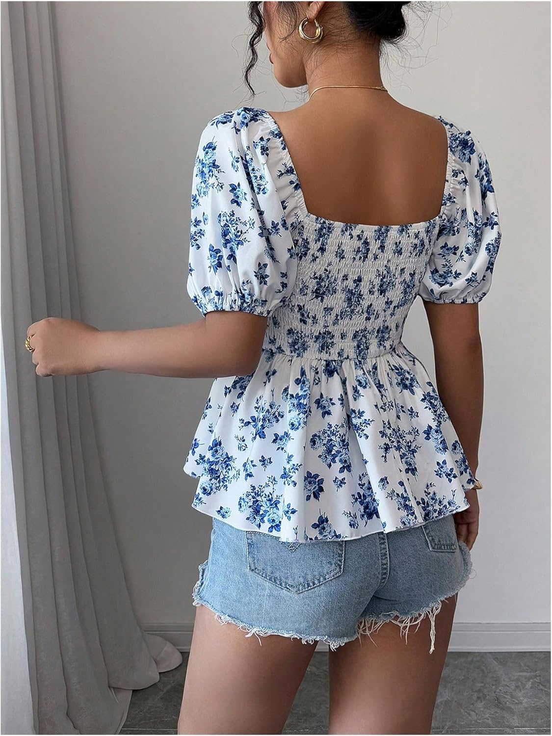 Floerns Women's Puff Sleeve Ruched Floral Blouse Square Neck Ruffle Hem Peplum Tops - Image 3