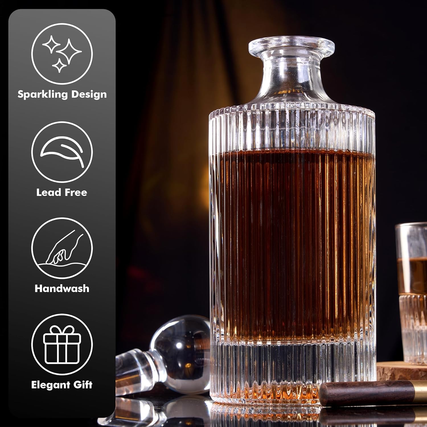 Lily's Home Elegant Glass Whiskey Decanter with Leak - Proof Stopper And Whiskey Glasses Set- Premium Bourbon & Crystal Wine Decanter, Whiskey Bottle, Glass or Home Bar - 5 Piece
