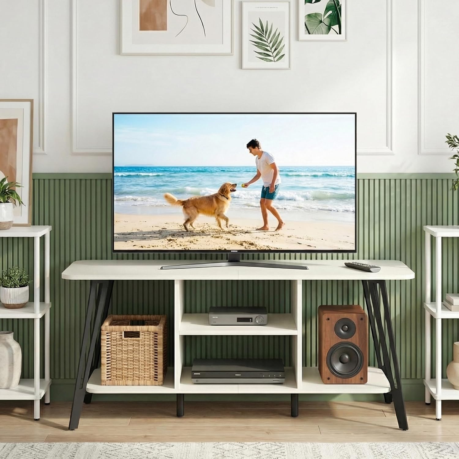 Manora TV Stand for TVs up to 55 Inch, Simple Modern Entertainment Center with 3 Tier Open Storage Shelves, TV Console Table for for Living Room, Bedroom, White