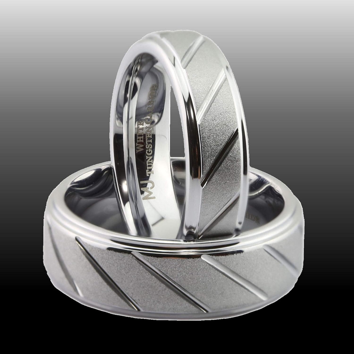 White Tungsten Ring 6mm or 8mm Wedding Band Sand Blasted with Diagonal Lines Comfort Fit Ring