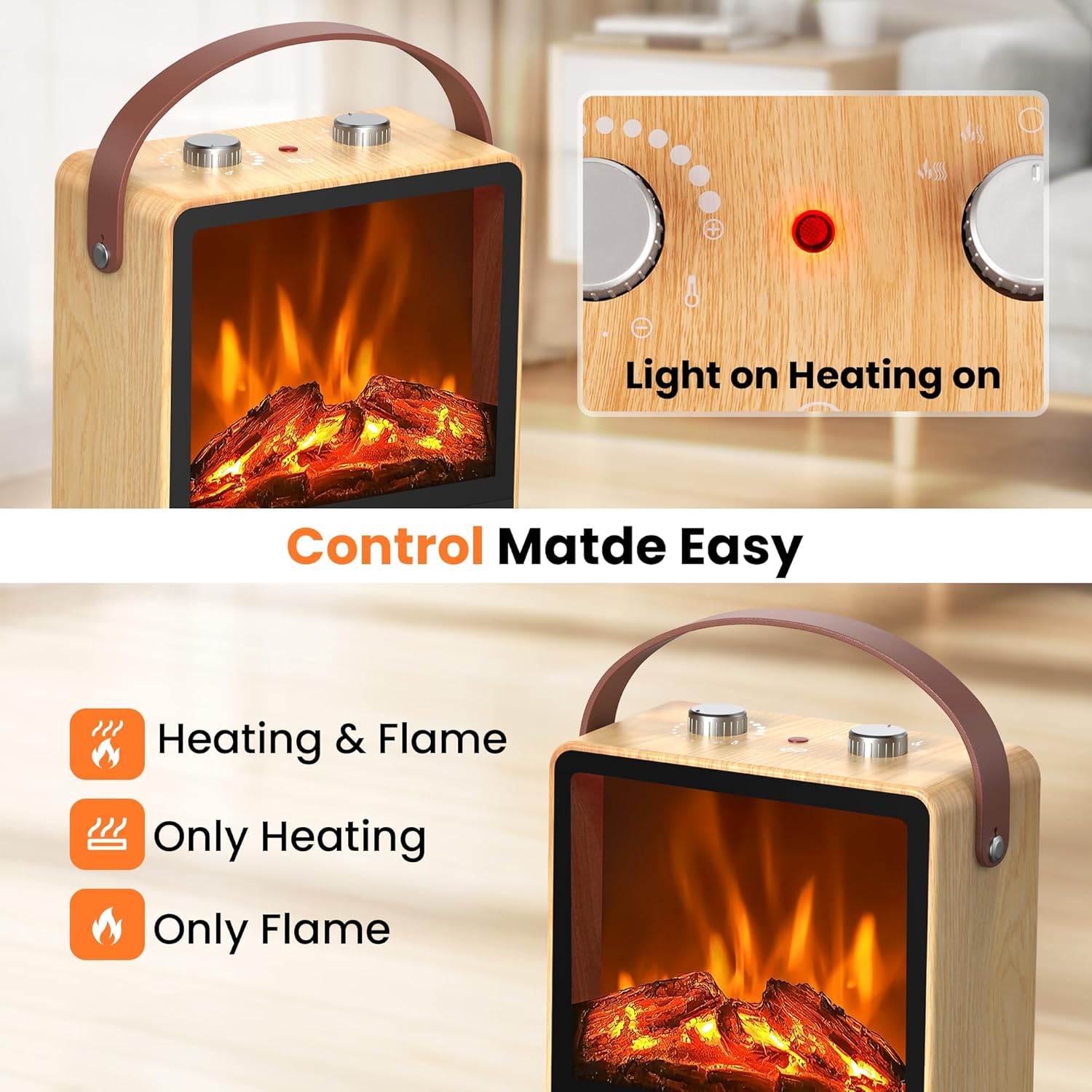 Electric Fireplace Heater for Indoor Use, 1500W/750W Space Heater Fireplace with 3D LED Flame, Double Safety Protection, Portable Fireplace Heater for Home Office Christmas Decoratio, Oak