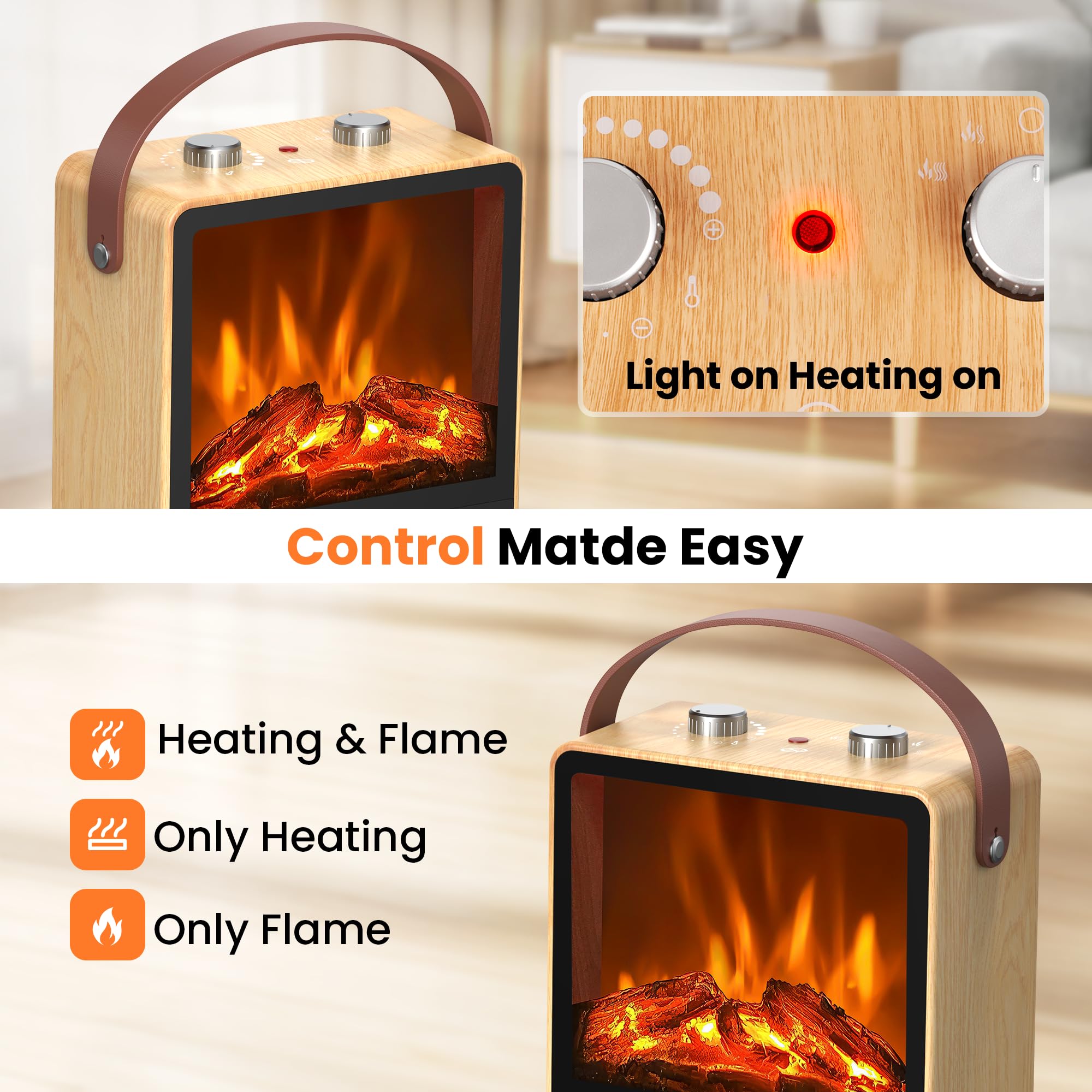 Calentador eléctrico para uso en interiores, calentador de espacio de 1500 W/750 W con llama LED 3D, doble protección de seguridad, calentador de chimenea portátil para decoración de Navidad, 2