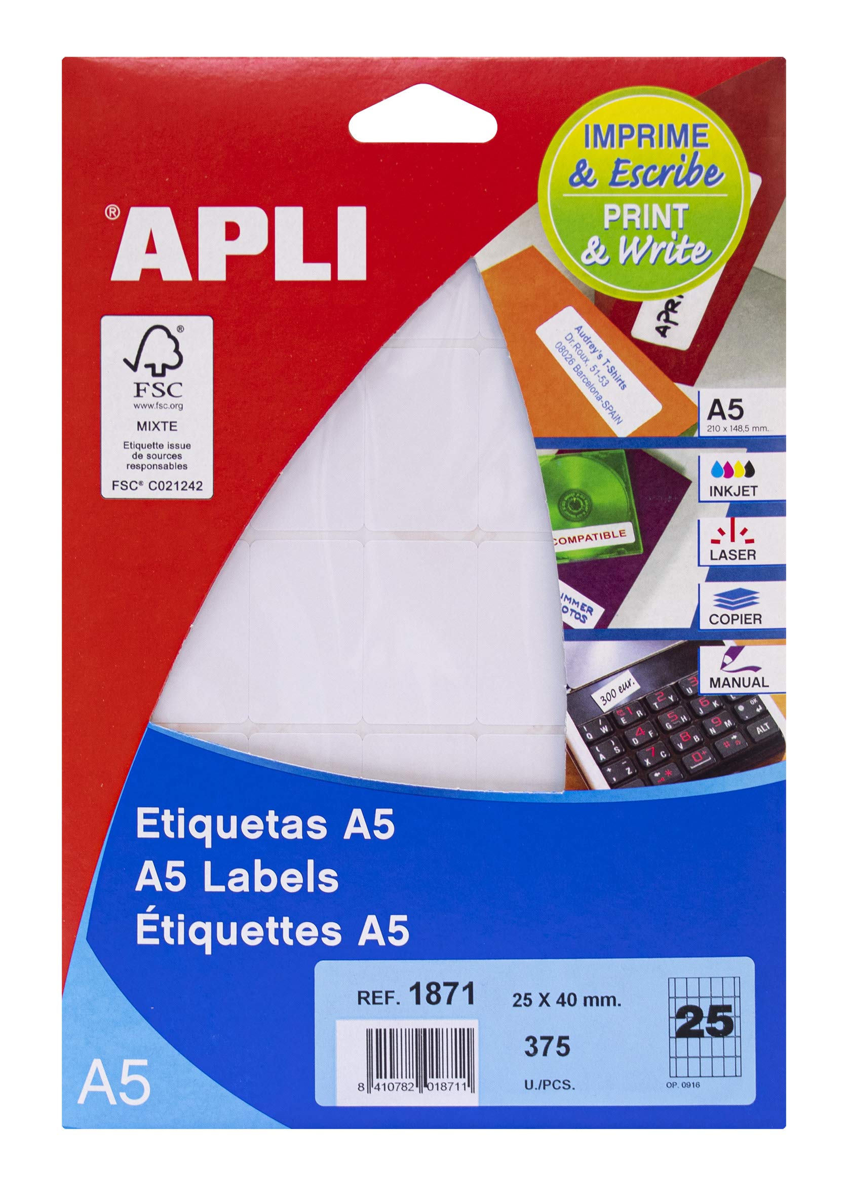 APLI 1871 - White A5 Labels 25 x 40 mm 15 Sheets