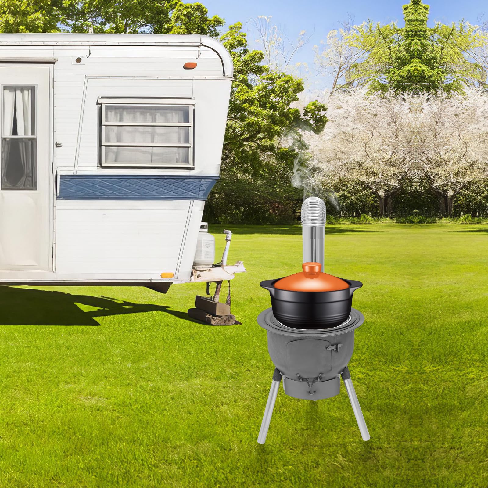 Przenośny piec na drewno, piec namiotowy z rurą kominową, rusztem do grillowania i nogami, piec rakietowy, ogrzewanie namiotu, na kemping, wędrówki, piknik i grill (43 cm, 3 pierścienie grzewcze)