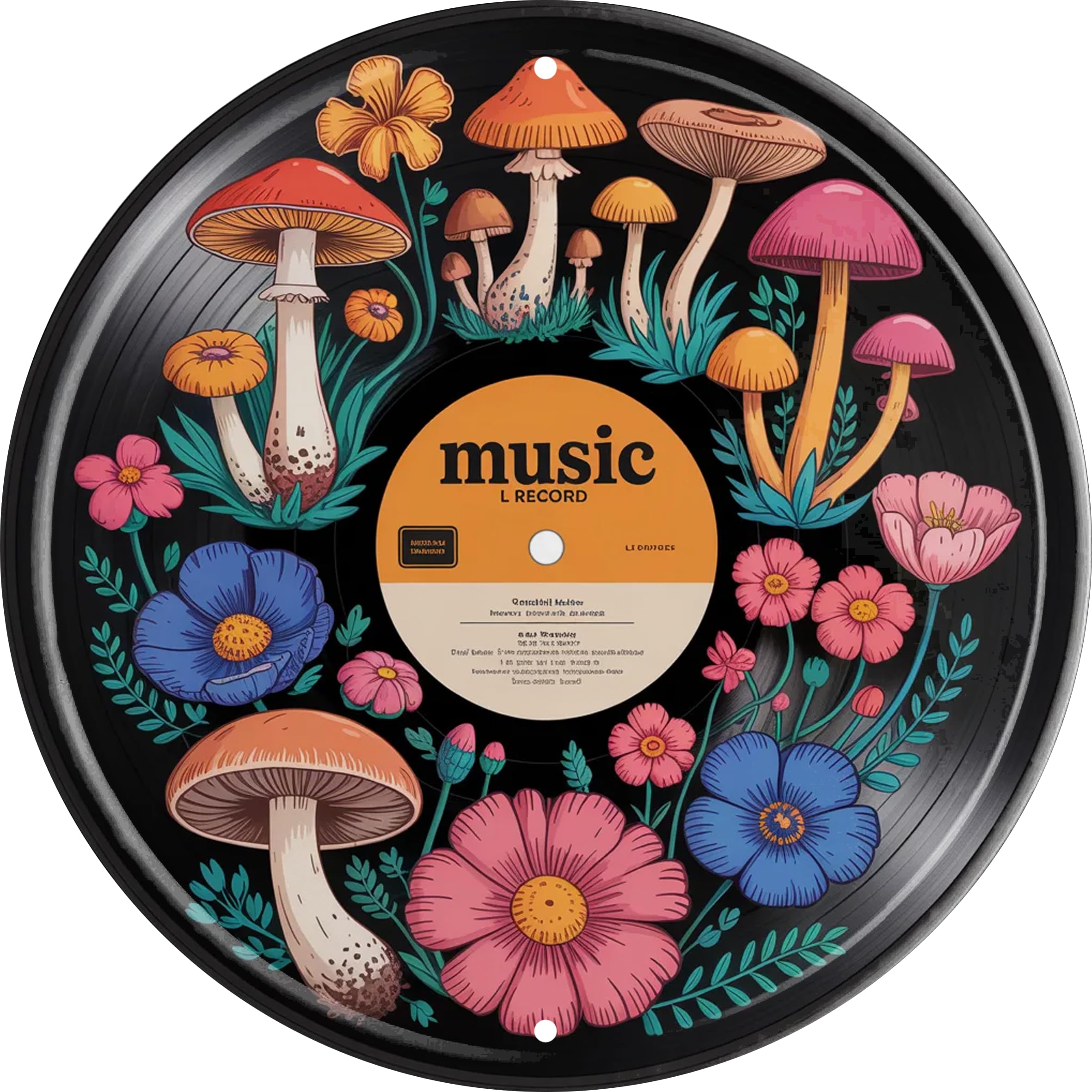 Record Vinyl Mushroom Metal Sign 8x8in Round Whimsical Plaque for Wall Decor Gift