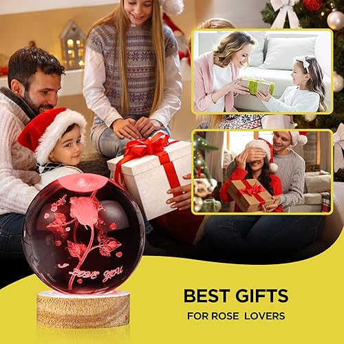 Miniatura 6 de Lámpara de bola de cristal con forma de rosa 3D de 3.15 pulgadas, con base de madera que cambia de color y control remoto, aniversario, San
