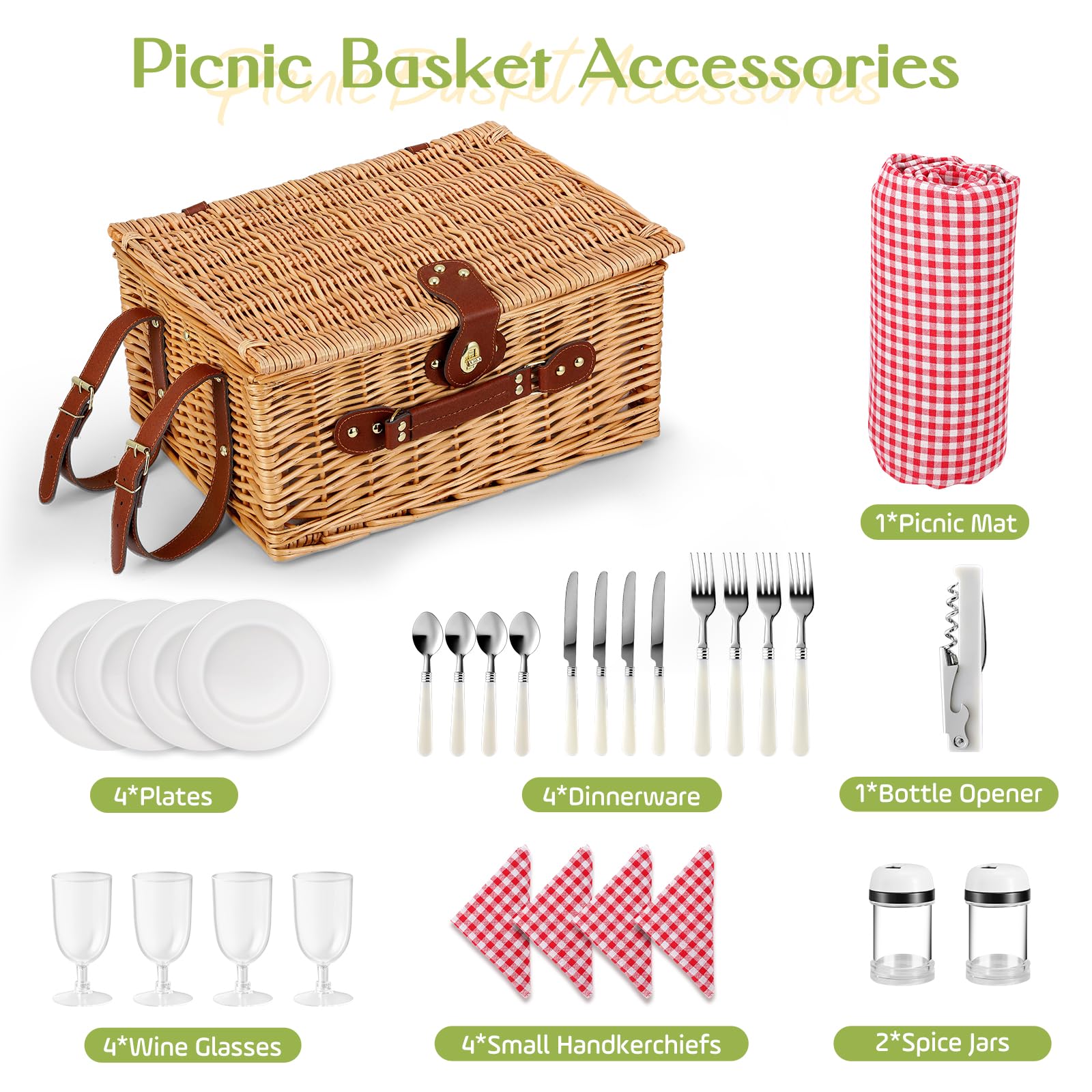 Cesta de Picnic Mimbre para 4 Personas, Cesta Trenzada a Mano con Aislamiento Integrado y Manta Impermeable – Set Completo con 4 Cubiertos, Platos, Vasos para Camping Playa jardín