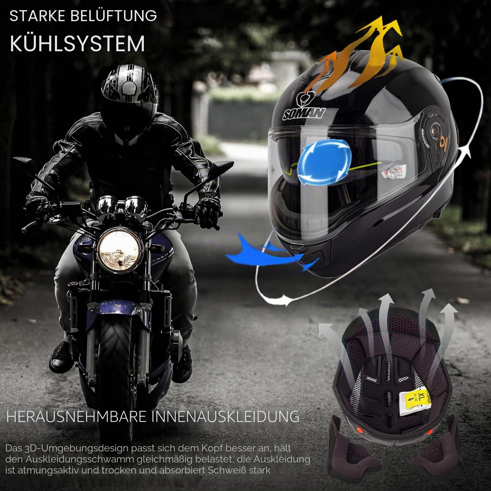 Klapphelm Motorradhelm Rollerhelm mit Doppeltem Sonnenvisier DOT/ECE Zertifiziert Klappbarer Modularer Motorrad Helme Integralhelm Multifunktion Sturzhelm für Damen Herren, Schwarz-4XL(67~68cm)